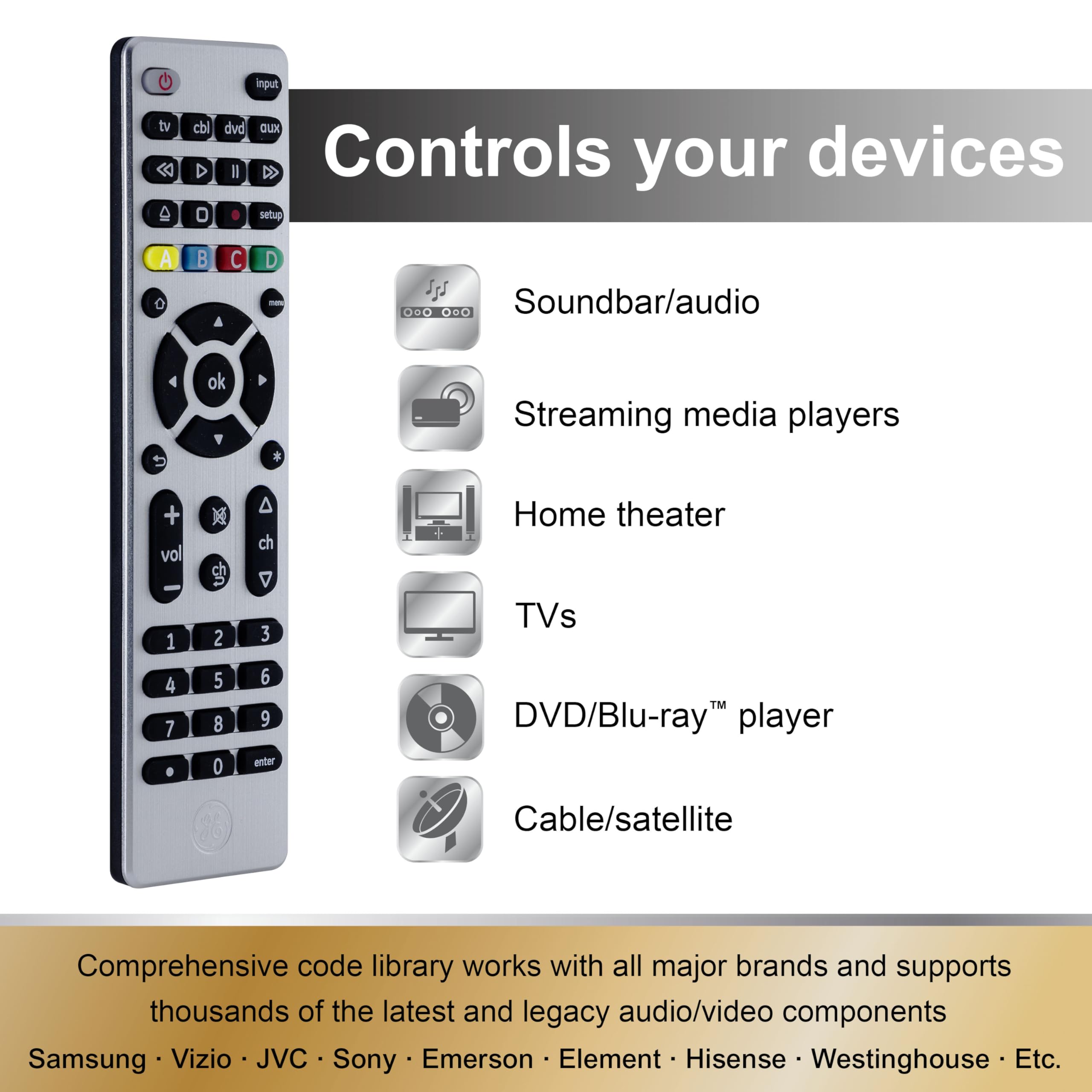 GE 4-Device Universal Remote Control, Designer Series, Brushed Nickel/Silver, 33709 - Image 3