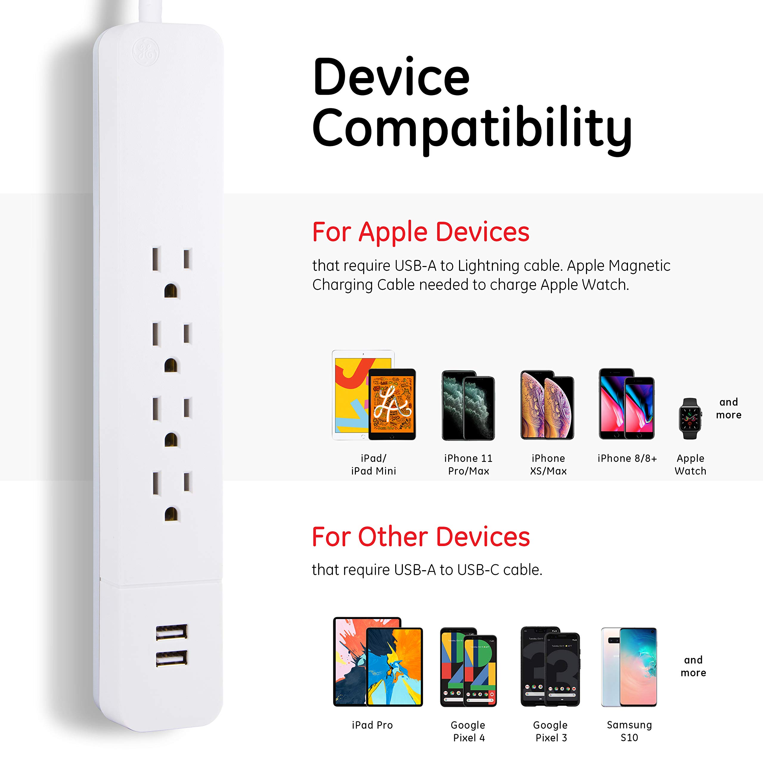 GE 4-Outlet Surge Protector, 2 USB Ports, 3 Ft Power Cord, 560 Joules, Flat Plug, Automatic Shutdown Technology, Circuit Breaker, Warranty, ETL Listed, Black, 37212 - Image 3