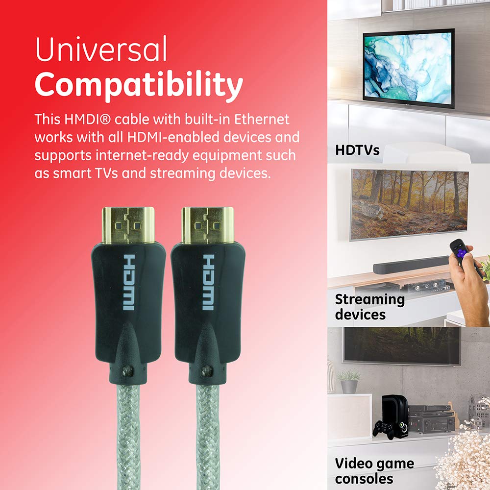 GE Home Electrical 4K HDMI Cable, 3 ft. HDMI 2.0 High Speed 18 Gbps with Ethernet, 4K 60Hz, 1440p 1080p 120Hz, HDR, for HDTV, Streaming, Blu-Ray, Gaming, PS4 Pro PS5 Xbox, 34474 - Image 3