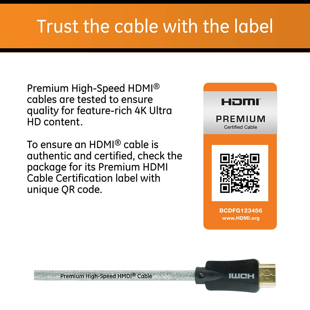 GE Home Electrical 4K HDMI Cable, 3 ft. HDMI 2.0 High Speed 18 Gbps with Ethernet, 4K 60Hz, 1440p 1080p 120Hz, HDR, for HDTV, Streaming, Blu-Ray, Gaming, PS4 Pro PS5 Xbox, 34474 - Image 4