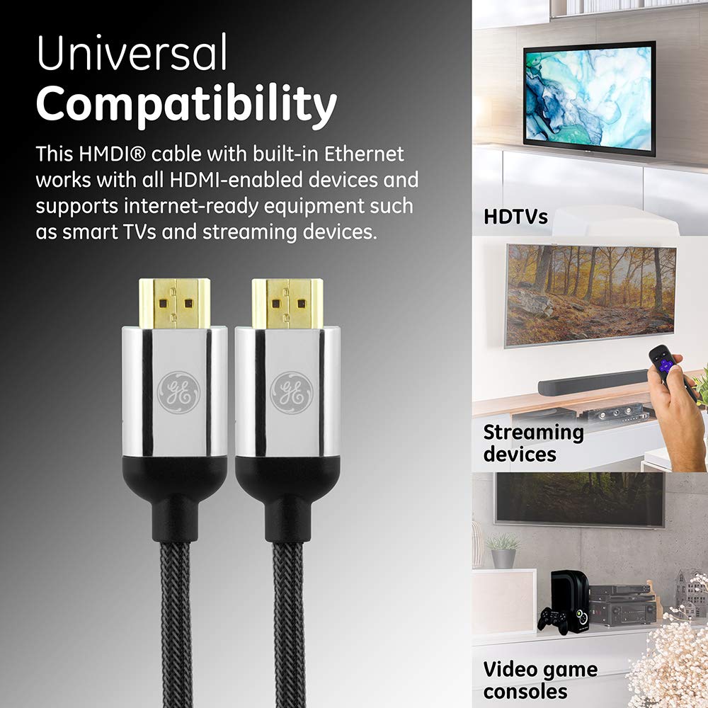 GE 4K HDMI Cable, 6 ft. Premium HDMI 2.0 High Speed 18 Gbps with Ethernet, 4K 60Hz, 1440p 1080p 120Hz, HDR, for HDTV, Streaming, Blu-ray, Gaming, PS4 Pro PS5 Xbox, 33512 - Image 3