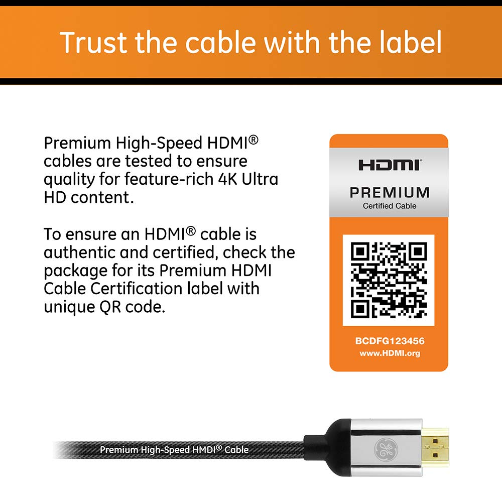 GE 4K HDMI Cable, 6 ft. Premium HDMI 2.0 High Speed 18 Gbps with Ethernet, 4K 60Hz, 1440p 1080p 120Hz, HDR, for HDTV, Streaming, Blu-ray, Gaming, PS4 Pro PS5 Xbox, 33512 - Image 4