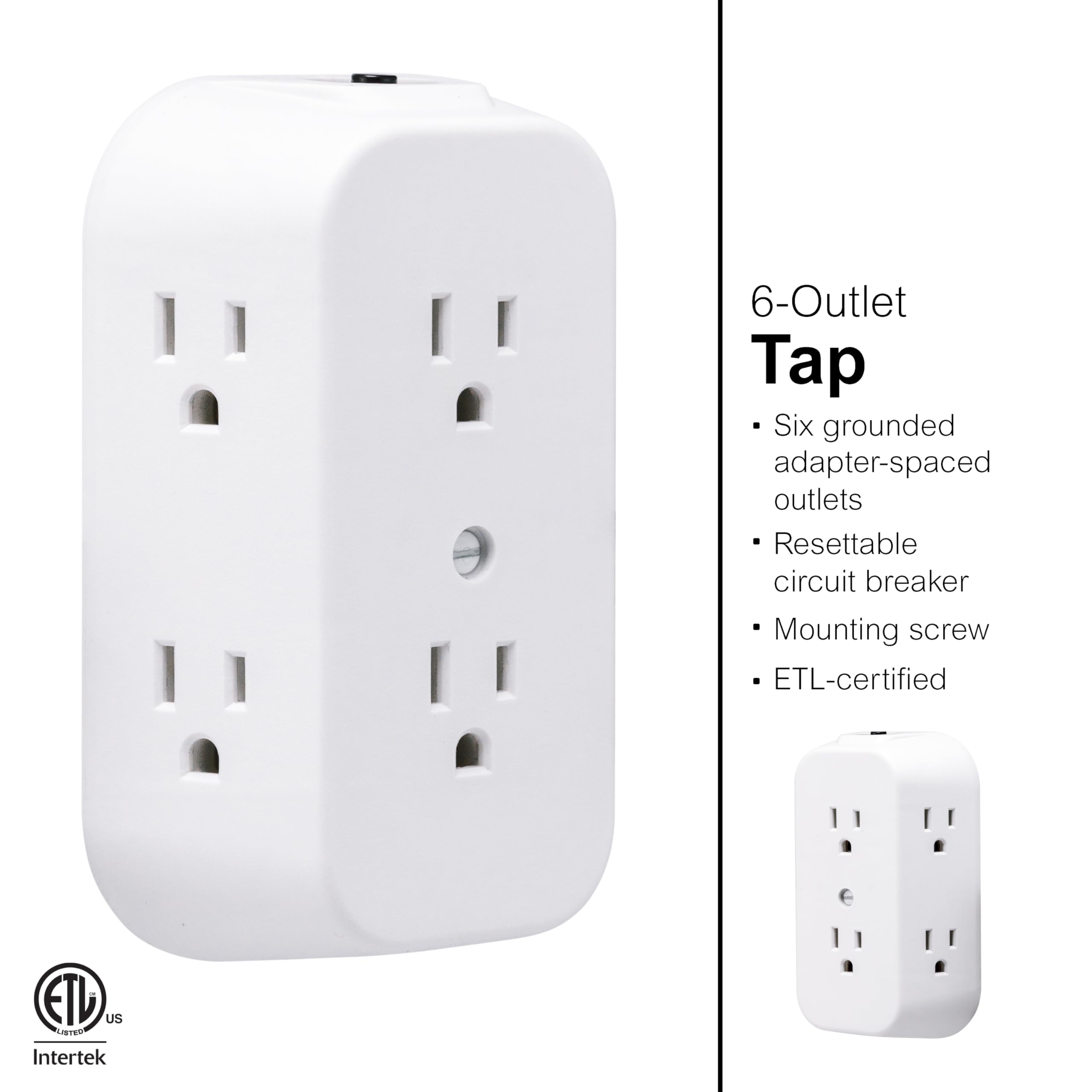 GE 6-Outlet Extender, 2 Pack, Grounded Wall Tap, Reset Button, Circuit Breaker, Adapter Spaced Outlets, 3-Prong, Multiple Plug, Quick and Easy Install, Cruise Essentials, UL Listed, White, 46854 - Image 2