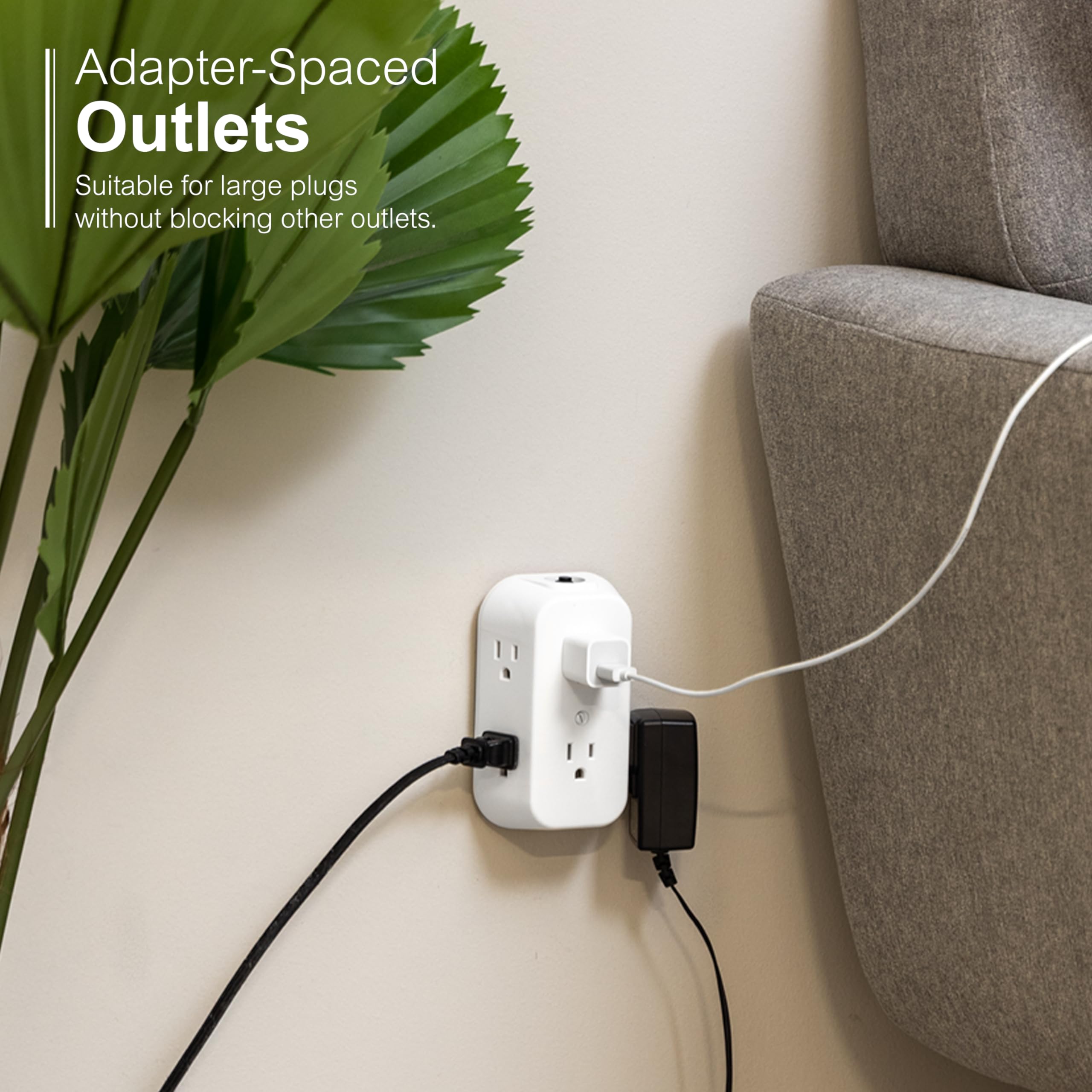 GE 6-Outlet Extender, 2 Pack, Grounded Wall Tap, Reset Button, Circuit Breaker, Adapter Spaced Outlets, 3-Prong, Multiple Plug, Quick and Easy Install, Cruise Essentials, UL Listed, White, 46854 - Image 3