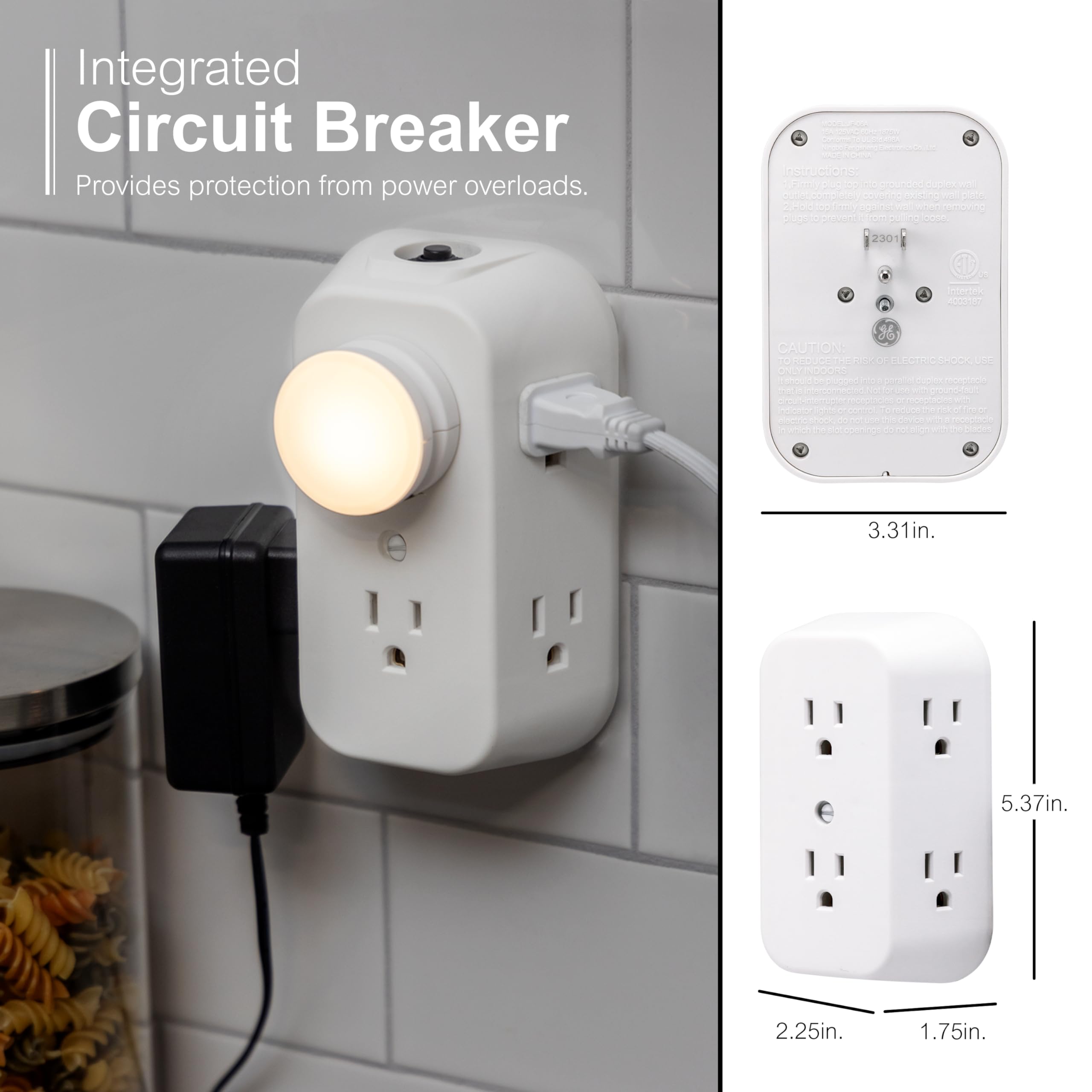GE 6-Outlet Extender, 2 Pack, Grounded Wall Tap, Reset Button, Circuit Breaker, Adapter Spaced Outlets, 3-Prong, Multiple Plug, Quick and Easy Install, Cruise Essentials, UL Listed, White, 46854 - Image 6