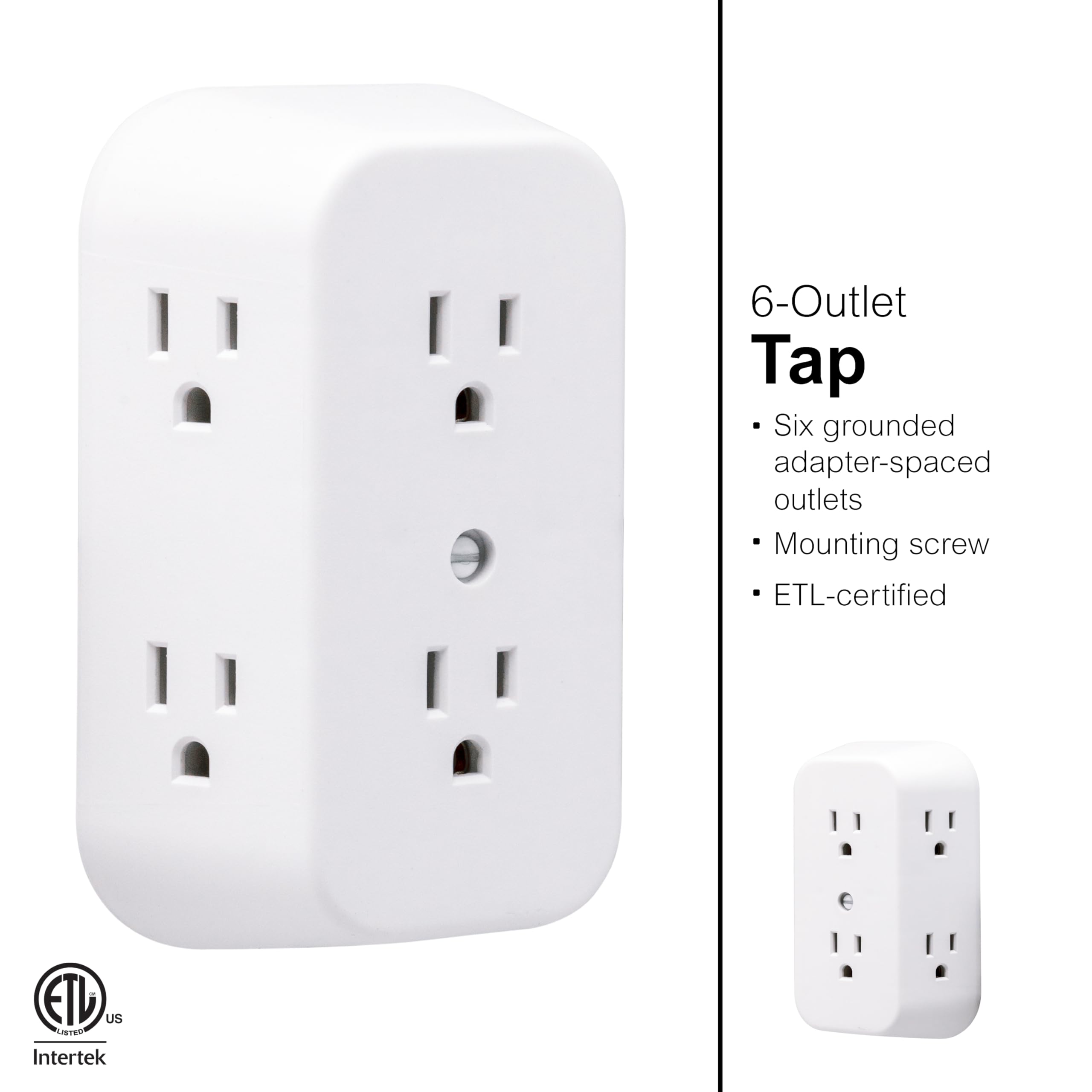 GE 6-Outlet Extender, Grounded Wall Tap, Adapter Spaced Outlets, 3-Prong, Multiple Plug, Quick and Easy Install, Cruise Essentials, ETL Listed, White, 50759 - Image 3