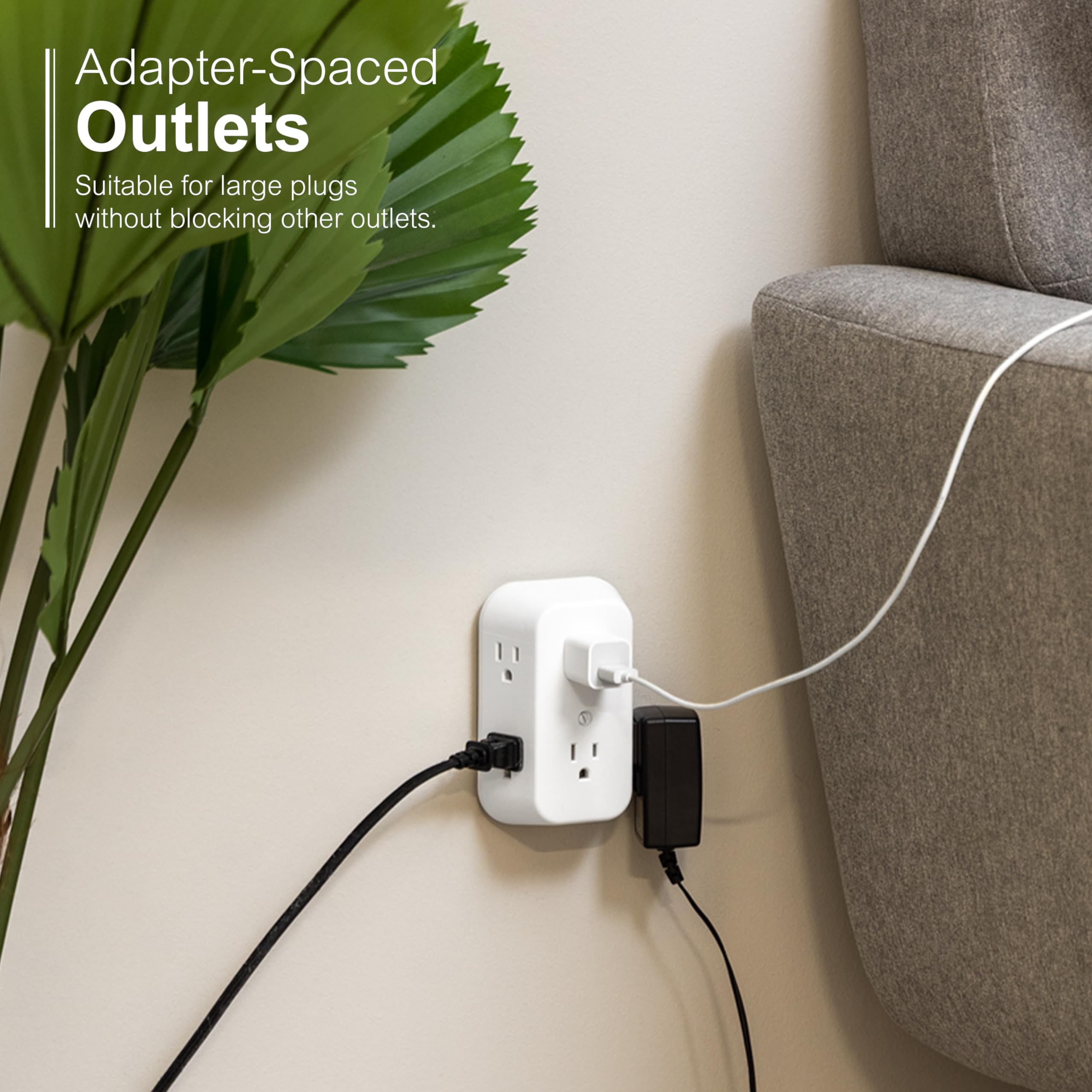 GE 6-Outlet Extender, Grounded Wall Tap, Adapter Spaced Outlets, 3-Prong, Multiple Plug, Quick and Easy Install, Cruise Essentials, ETL Listed, White, 50759 - Image 4