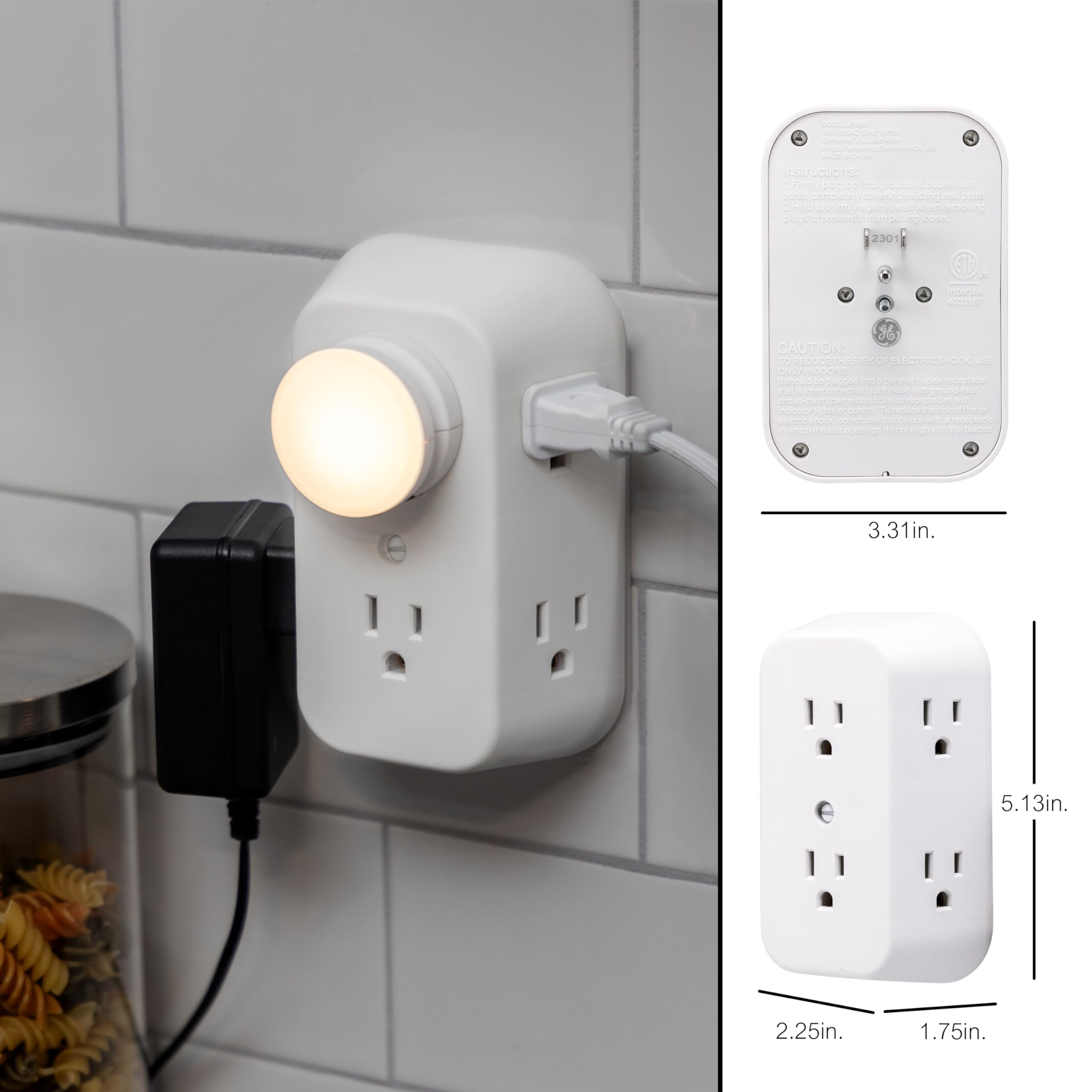 GE 6-Outlet Extender, Grounded Wall Tap, Adapter Spaced Outlets, 3-Prong, Multiple Plug, Quick and Easy Install, Cruise Essentials, ETL Listed, White, 50759 - Image 7