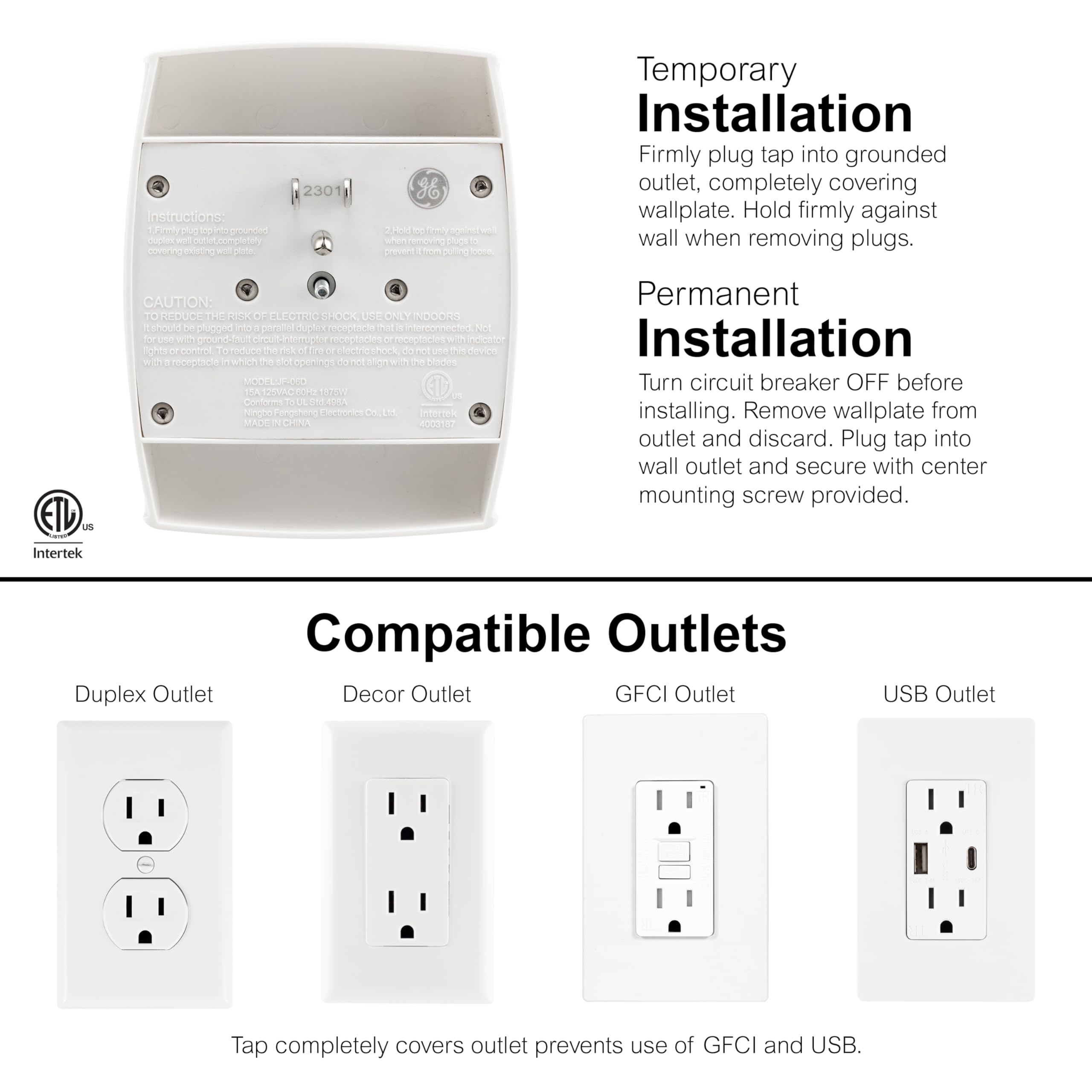 GE 6-Outlet Extender Wall Tap, Grounded Adapter, Outlet Splitter, Charging Station, 3-Prong, Plug Adapter, Secure Install, Cruise Essentials, ETL Listed, White, 54947 - Image 2