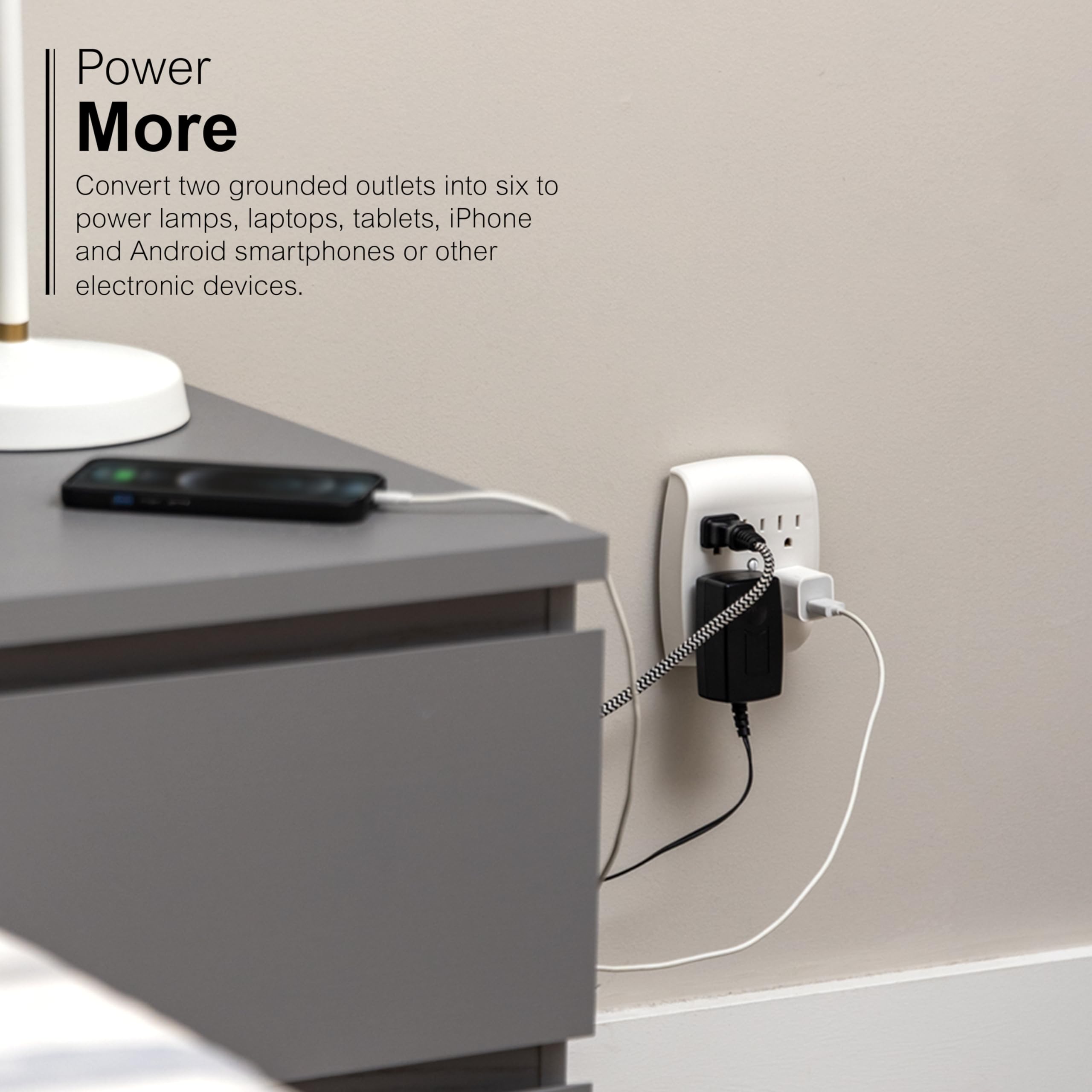 GE 6-Outlet Extender Wall Tap, Grounded Adapter, Outlet Splitter, Charging Station, 3-Prong, Plug Adapter, Secure Install, Cruise Essentials, ETL Listed, White, 54947 - Image 5