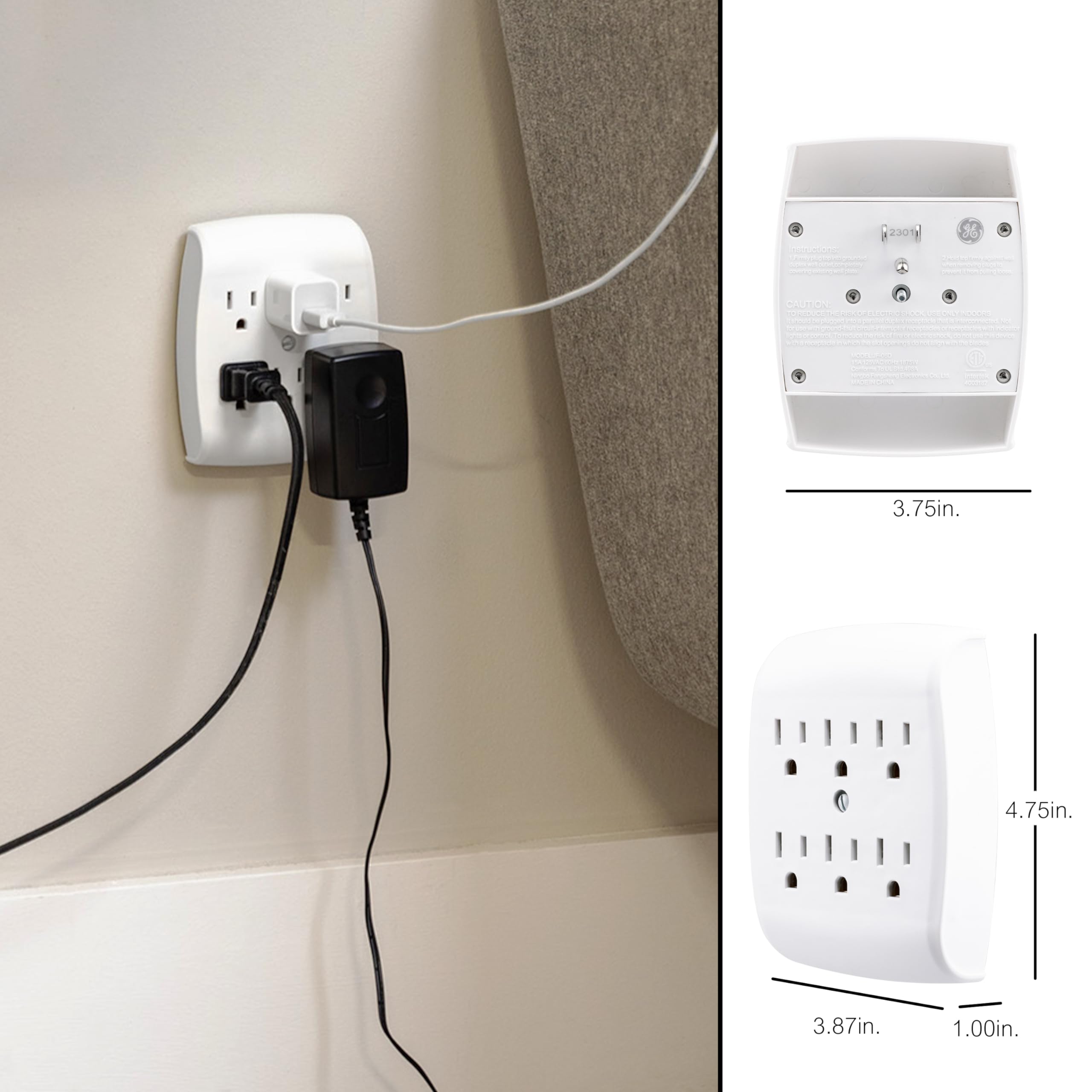 GE 6-Outlet Extender Wall Tap, Grounded Adapter, Outlet Splitter, Charging Station, 3-Prong, Plug Adapter, Secure Install, Cruise Essentials, ETL Listed, White, 54947 - Image 7