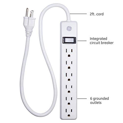 GE 6-Outlet Power Strip, 2 Ft Extension Cord, Heavy Duty Plug, Grounded, Integrated Circuit Breaker, 3-Prong, Wall Mount, UL Listed, White, 14830 - Image 2