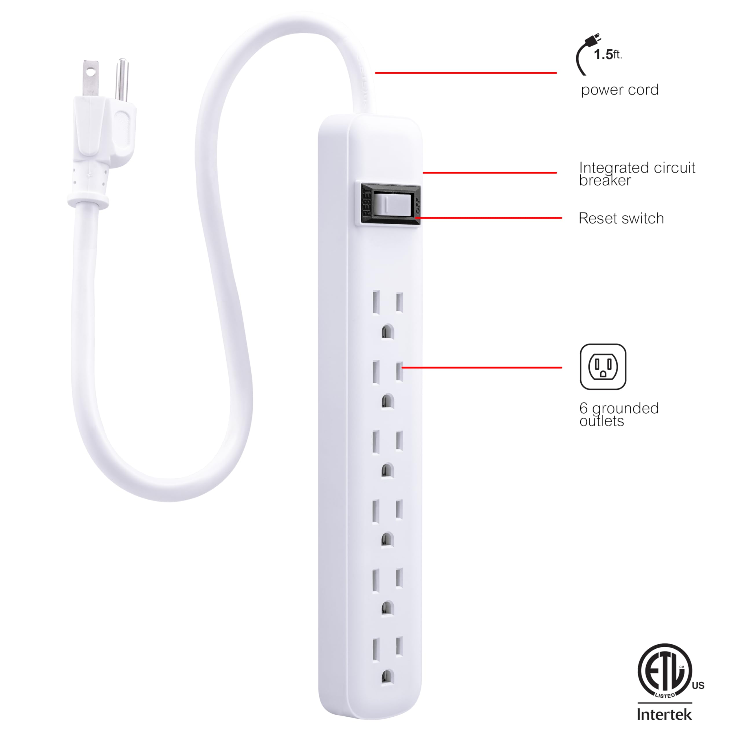 GE 6-Outlet Power Strip, 2 Pack, 1.5 Ft Extension Cord, Heavy Duty Plug, Grounded, Integrated Circuit Breaker, 3-Prong, Wall Mount, ETL Listed, White, 14833 - Image 2
