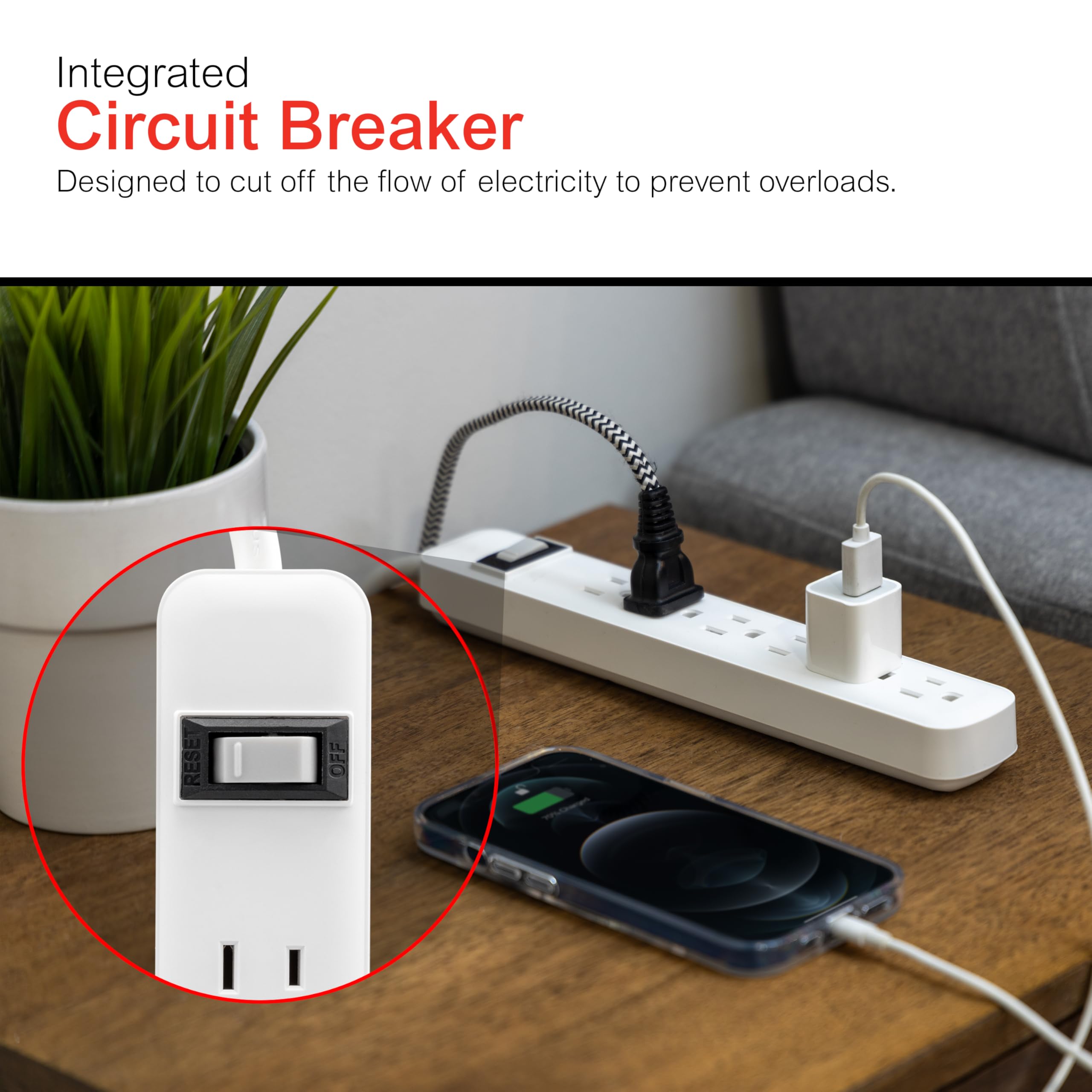 GE 6-Outlet Power Strip, 2 Pack, 1.5 Ft Extension Cord, Heavy Duty Plug, Grounded, Integrated Circuit Breaker, 3-Prong, Wall Mount, ETL Listed, White, 14833 - Image 5