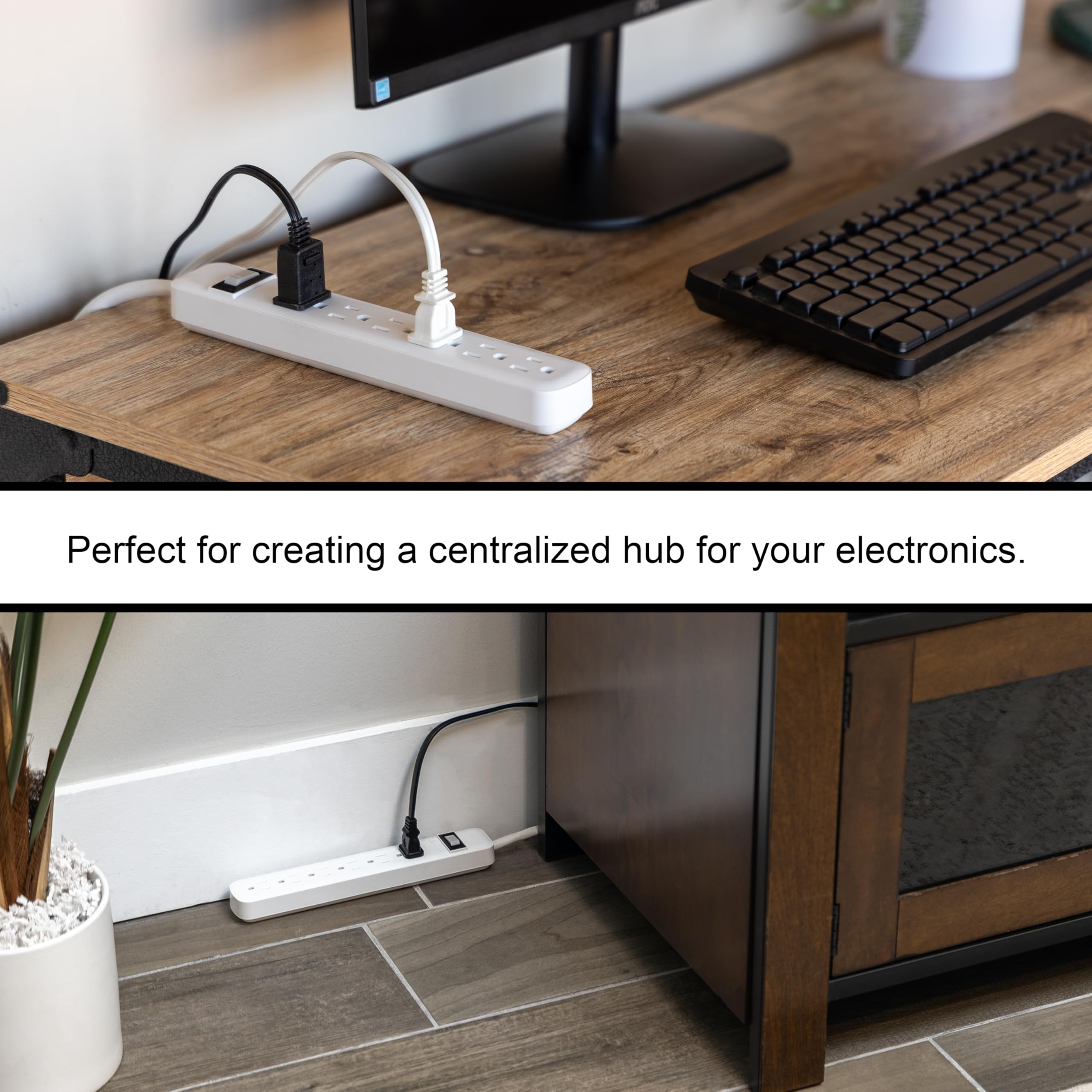 GE 6-Outlet Power Strip, 2 Pack, 1.5 Ft Extension Cord, Heavy Duty Plug, Grounded, Integrated Circuit Breaker, 3-Prong, Wall Mount, ETL Listed, White, 14833 - Image 6