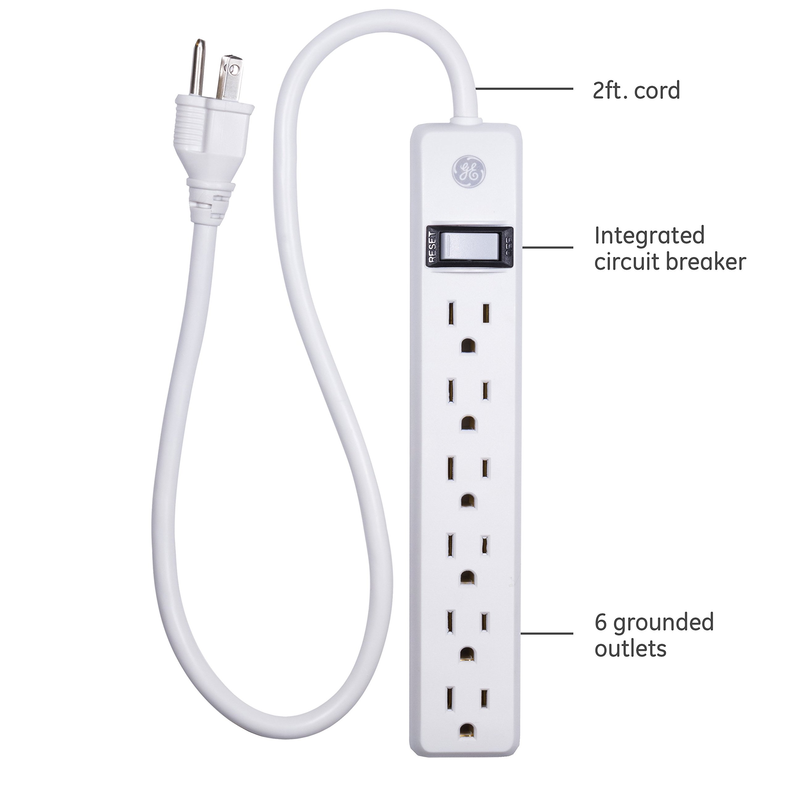 GE 6-Outlet Power Strip 2 Pack, 2 Ft Extension Cord, On/Off Switch, Integrated Circuit Breaker, Heavy Duty, UL Listed, White, 14087 - Image 2