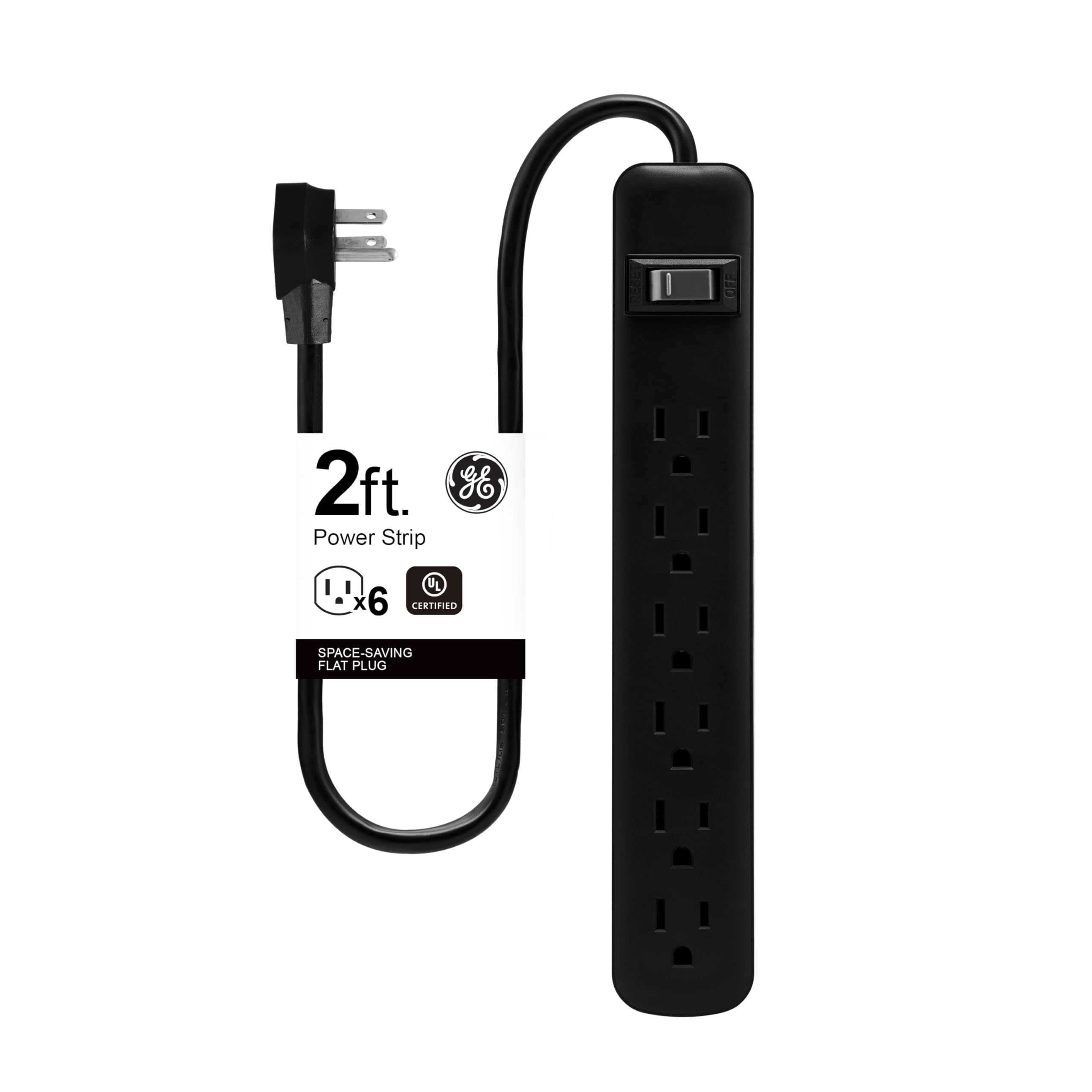 GE 6-Outlet Power Strip, 2ft Cord, Wall Mount, Integrated Circuit Breaker, 15A, 1800W, UL Listed, Black, 14831