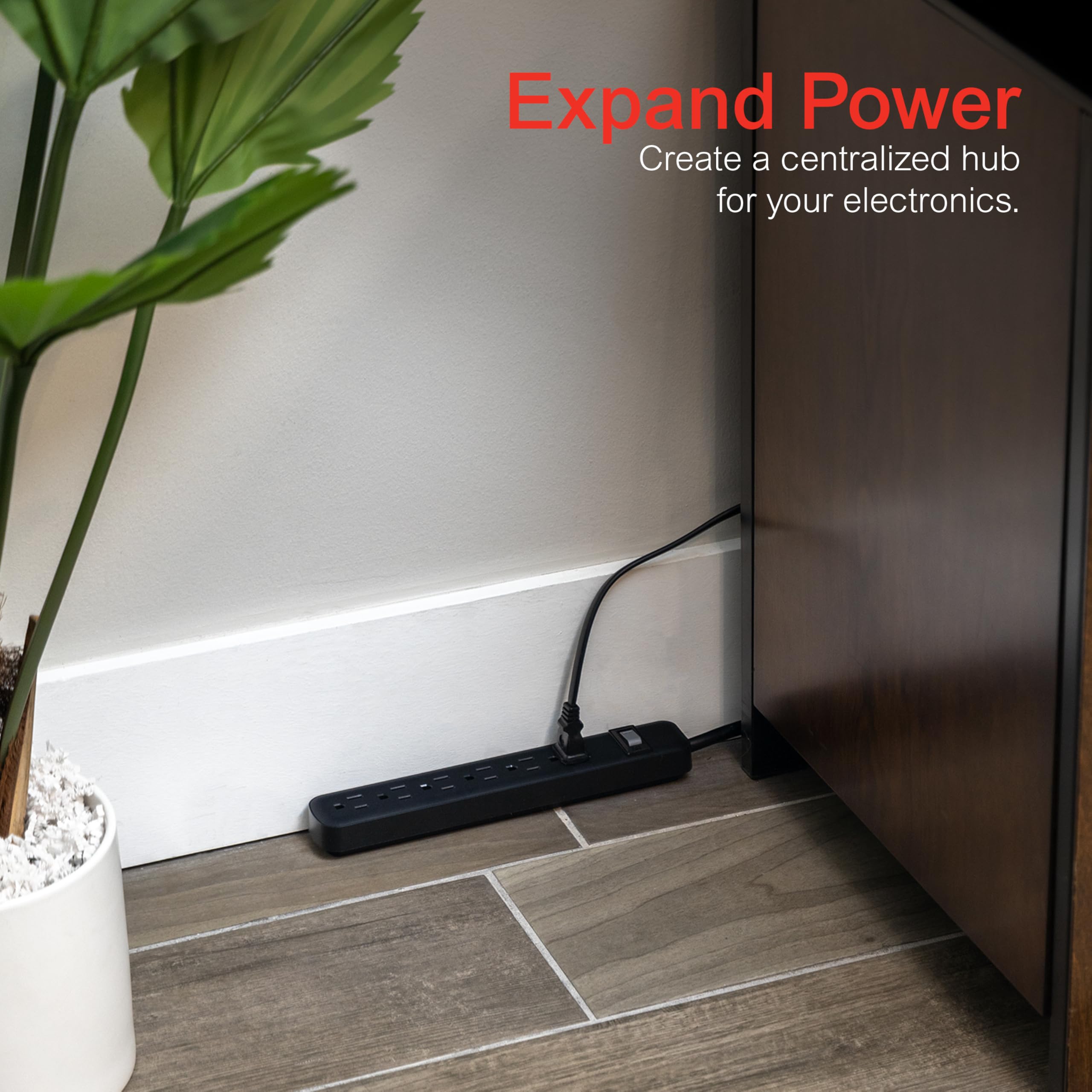 GE 6-Outlet Power Strip, 2ft Cord, Wall Mount, Integrated Circuit Breaker, 15A, 1800W, UL Listed, Black, 14831 - Image 6
