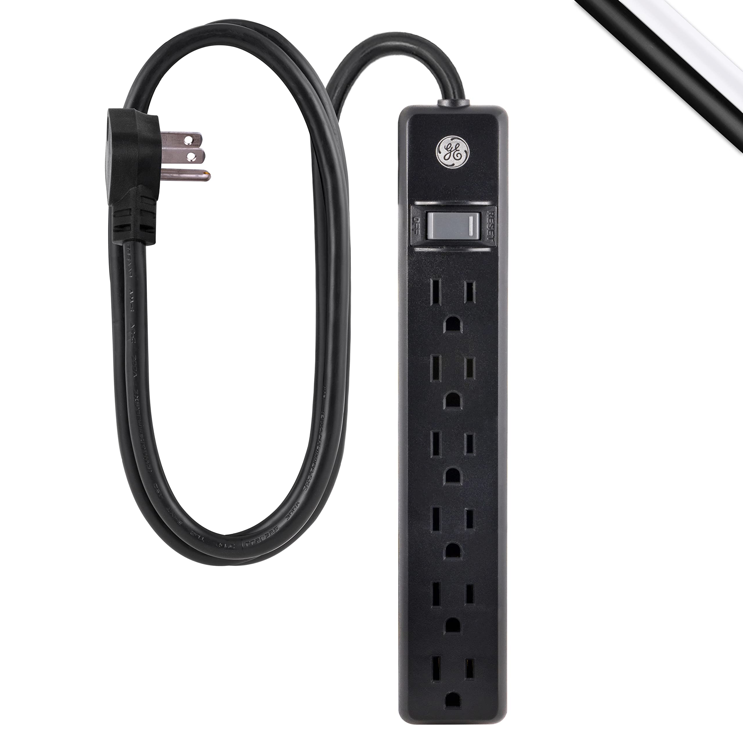 GE 6-Outlet Power Strip, 7 Ft Power Cord, Flat Plug, 3 Prong Outlet, UL Listed, Black - Image 2