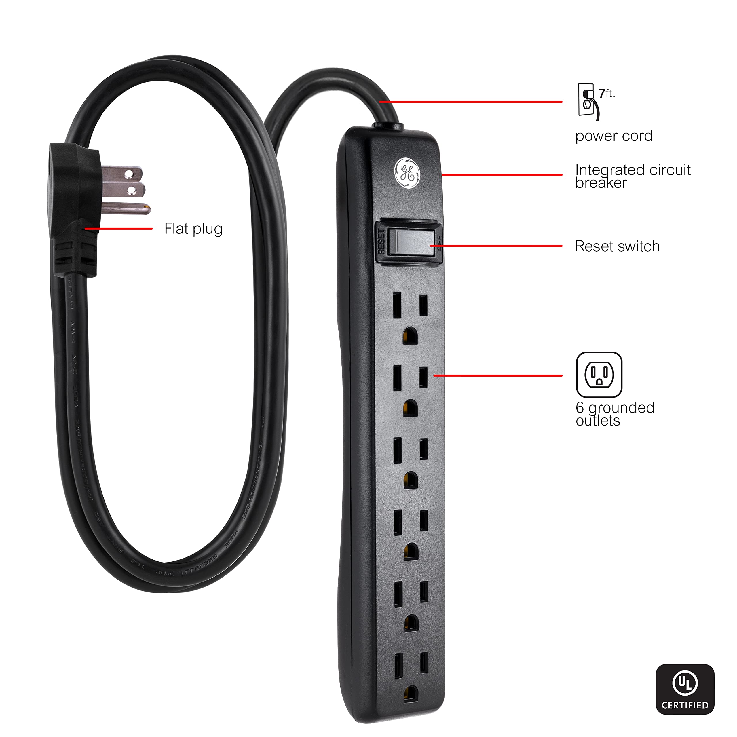 GE 6-Outlet Power Strip, 7 Ft Power Cord, Flat Plug, 3 Prong Outlet, UL Listed, Black - Image 3