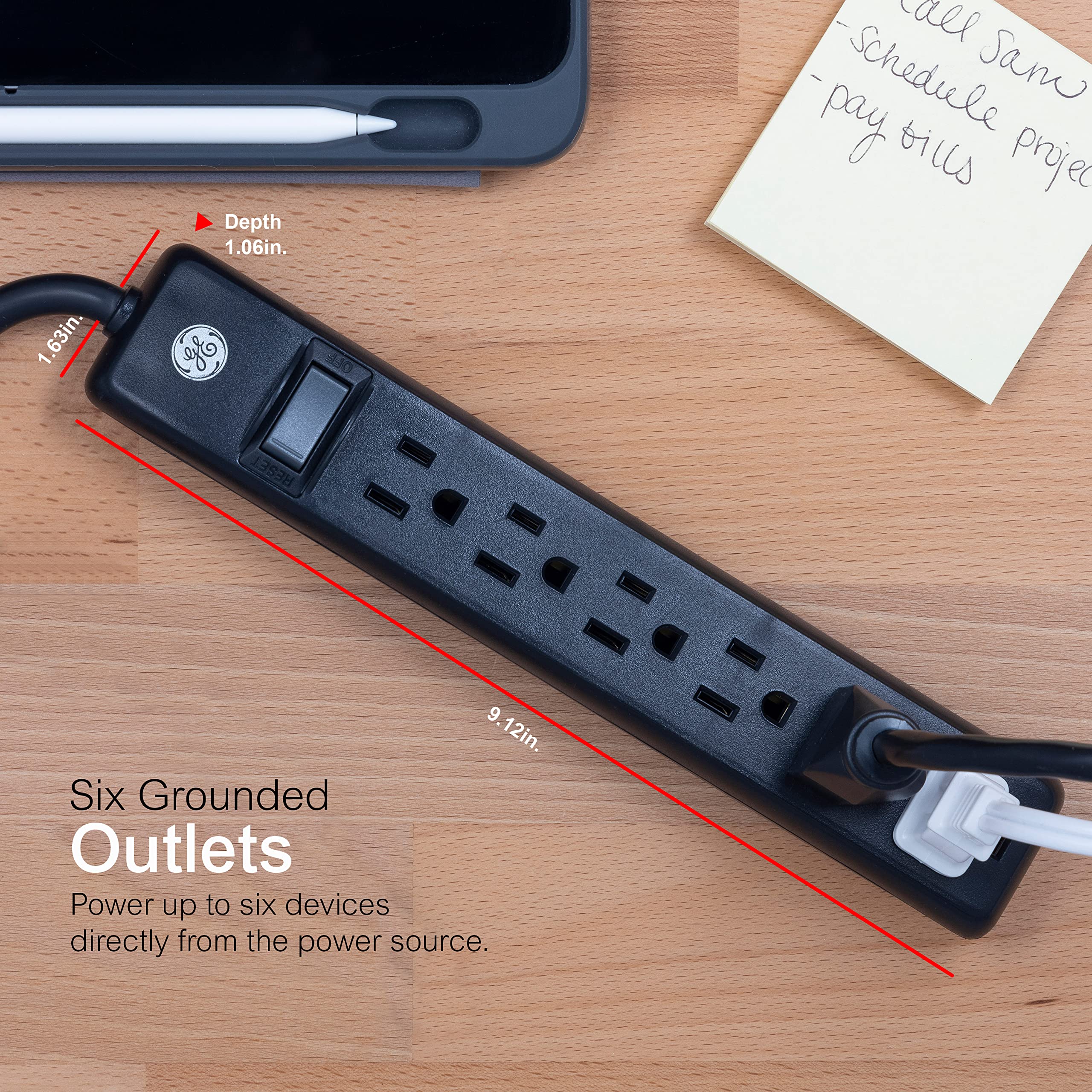 GE 6-Outlet Power Strip, 7 Ft Power Cord, Flat Plug, 3 Prong Outlet, UL Listed, Black - Image 4