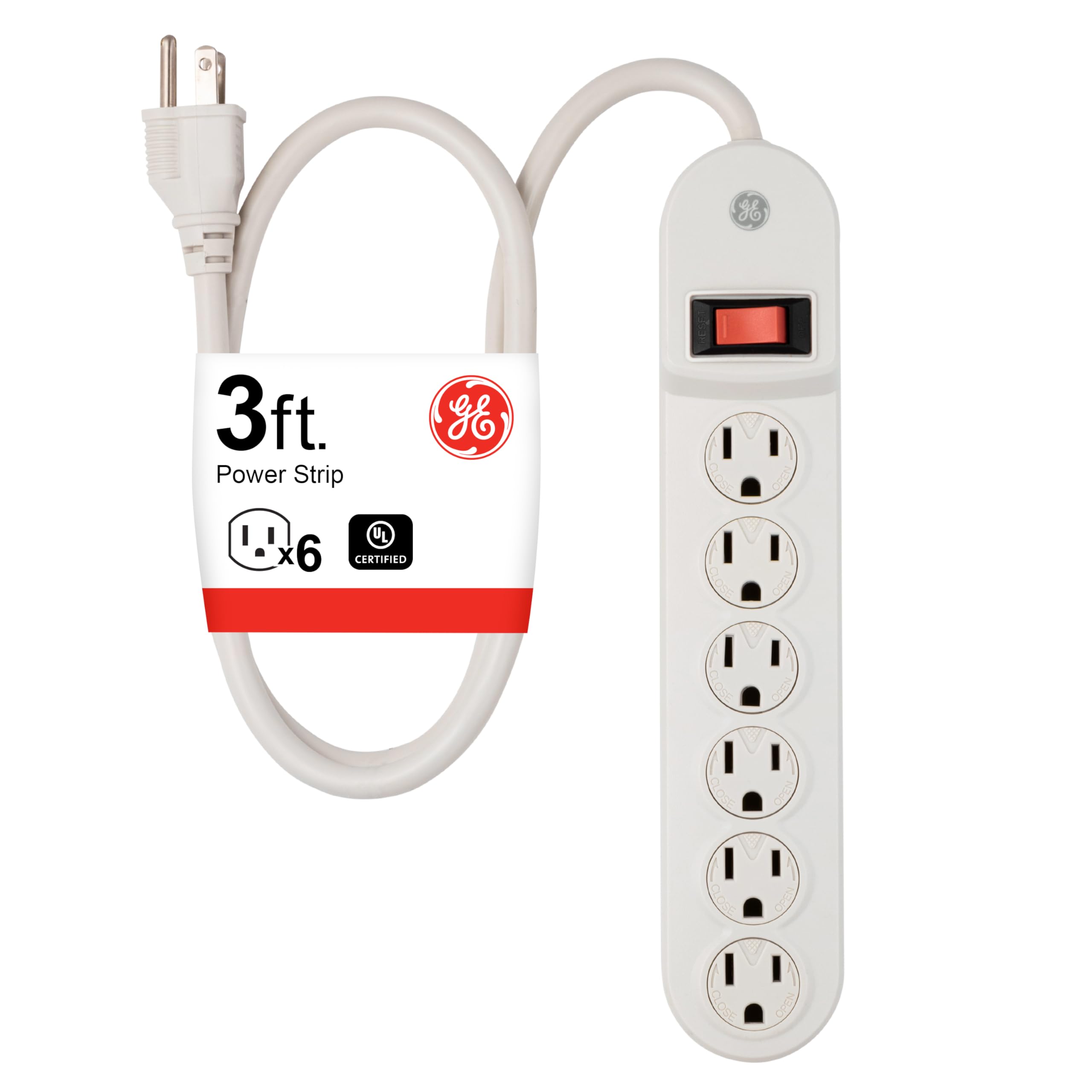 GE 6 Outlet Power Strip with 3 Foot Long Extension Cord, Indoor Power Strip, Twist to Close Safety Outlet Covers, Wall Mount, 3 Prong, UL Listed, White, 55248