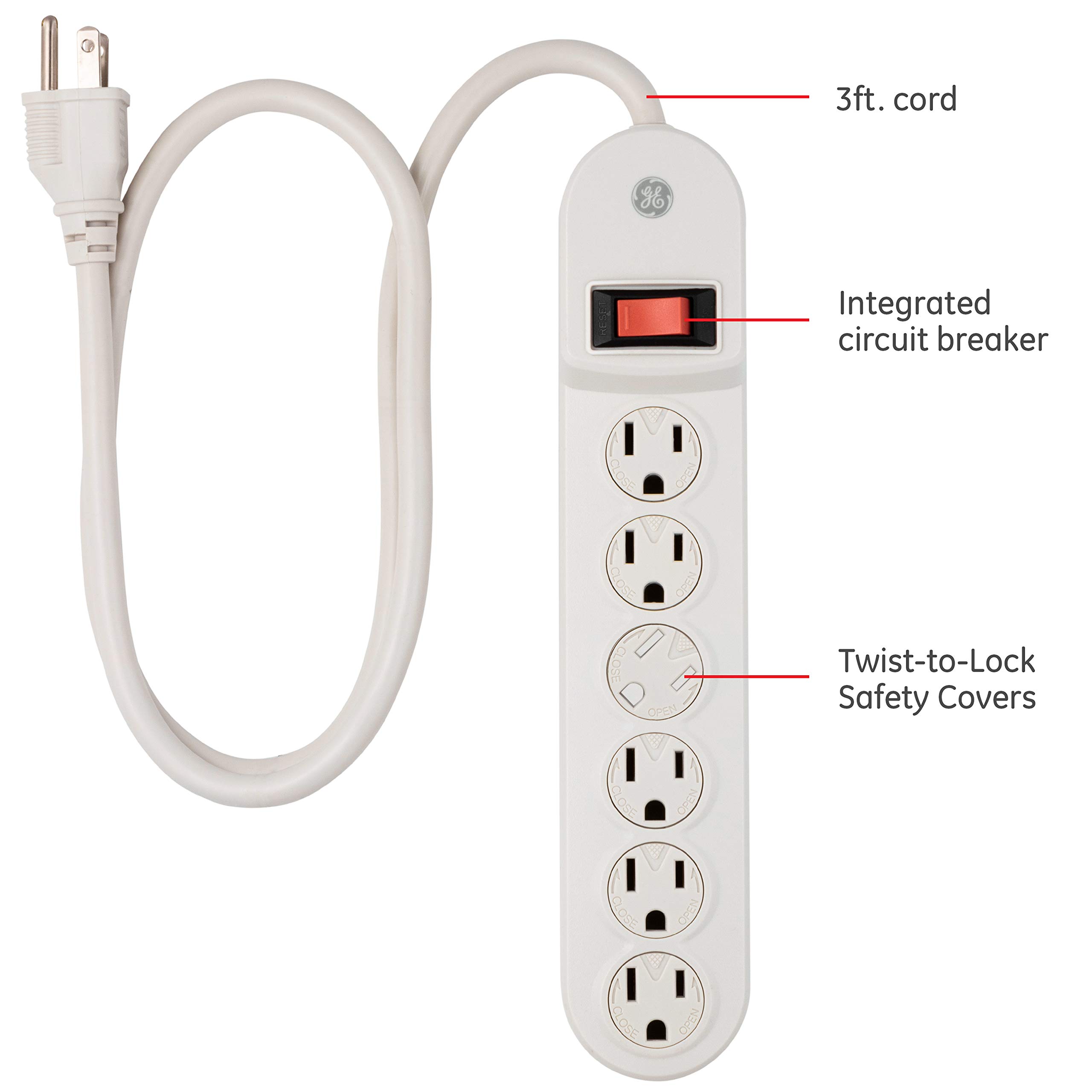 GE 6 Outlet Power Strip with 3 Foot Long Extension Cord, Indoor Power Strip, Twist to Close Safety Outlet Covers, Wall Mount, 3 Prong, UL Listed, White, 55248 - Image 3