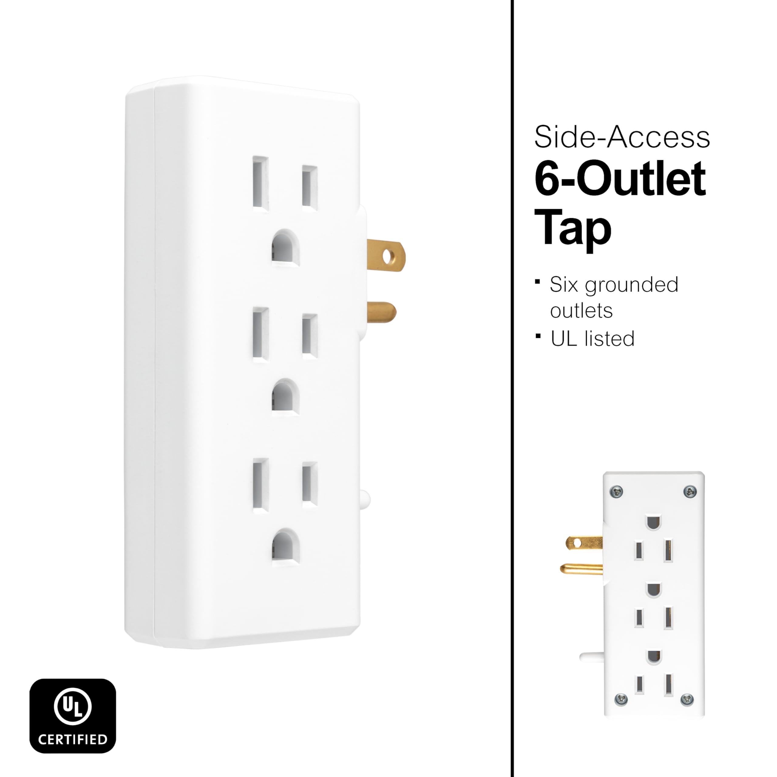 GE 6 Outlet Side Entry Power Tap, Side Access Adapter, UL Listed, White, 54543 - Image 3