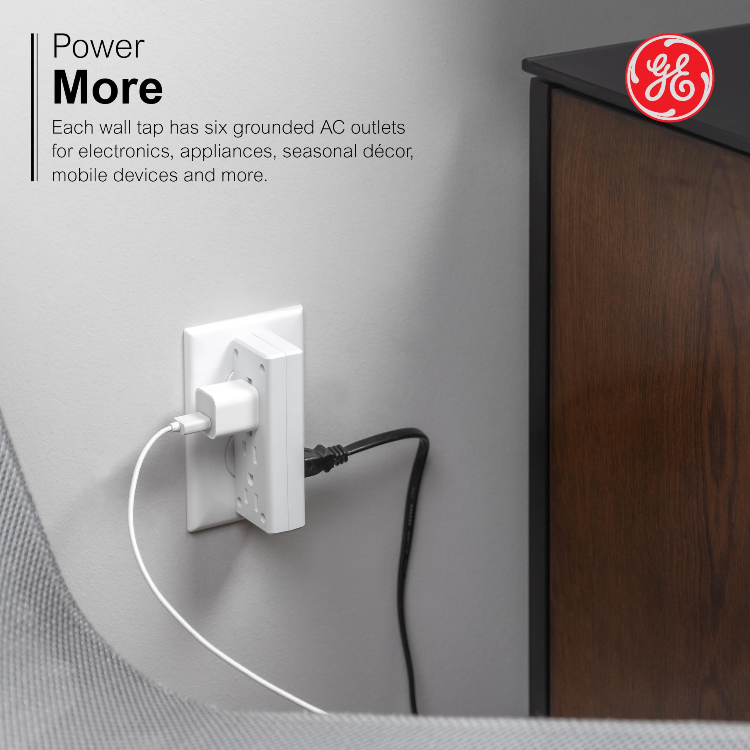 GE 6 Outlet Side Entry Power Tap, Side Access Adapter, UL Listed, White, 54543 - Image 5