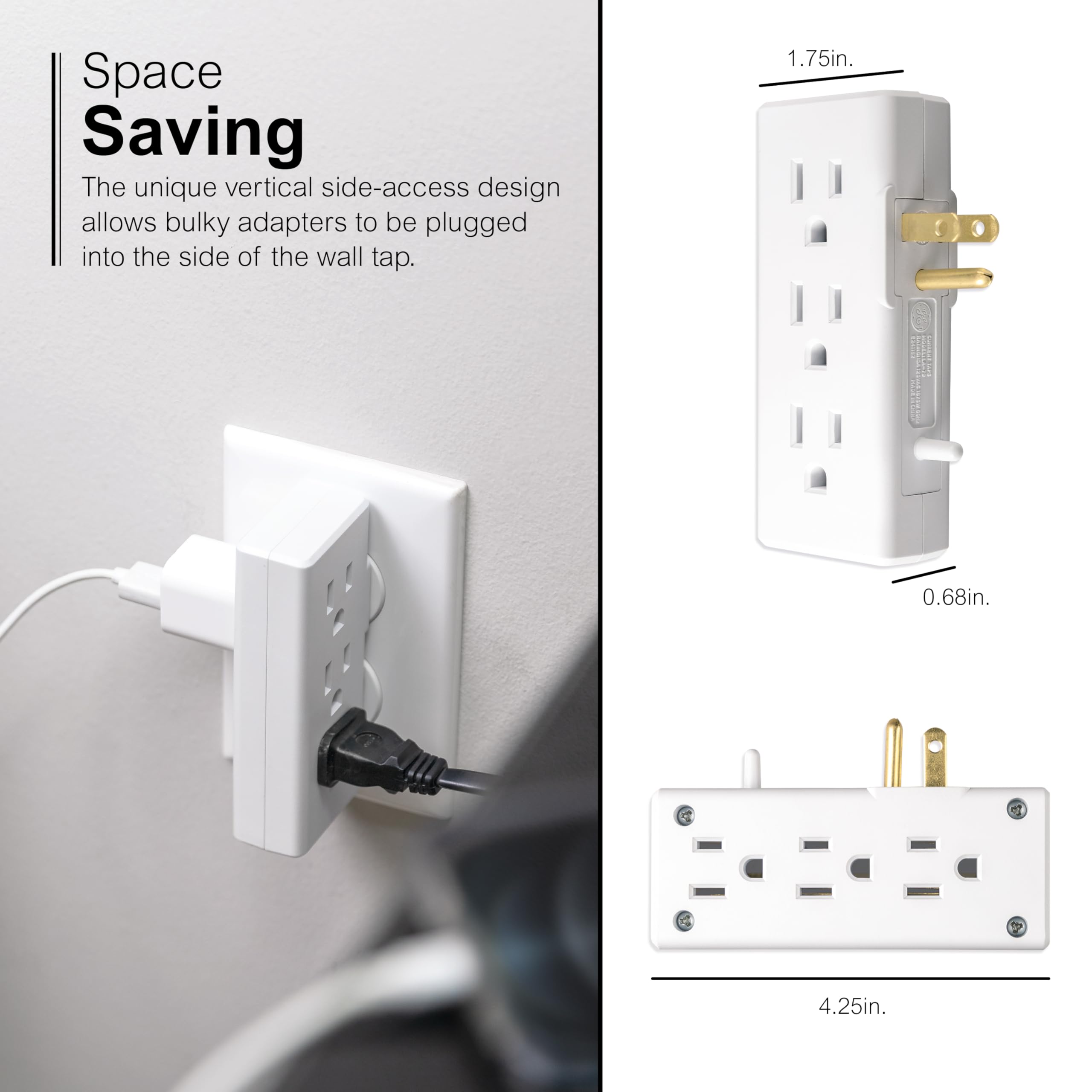 GE 6 Outlet Side Entry Power Tap, Side Access Adapter, UL Listed, White, 54543 - Image 7