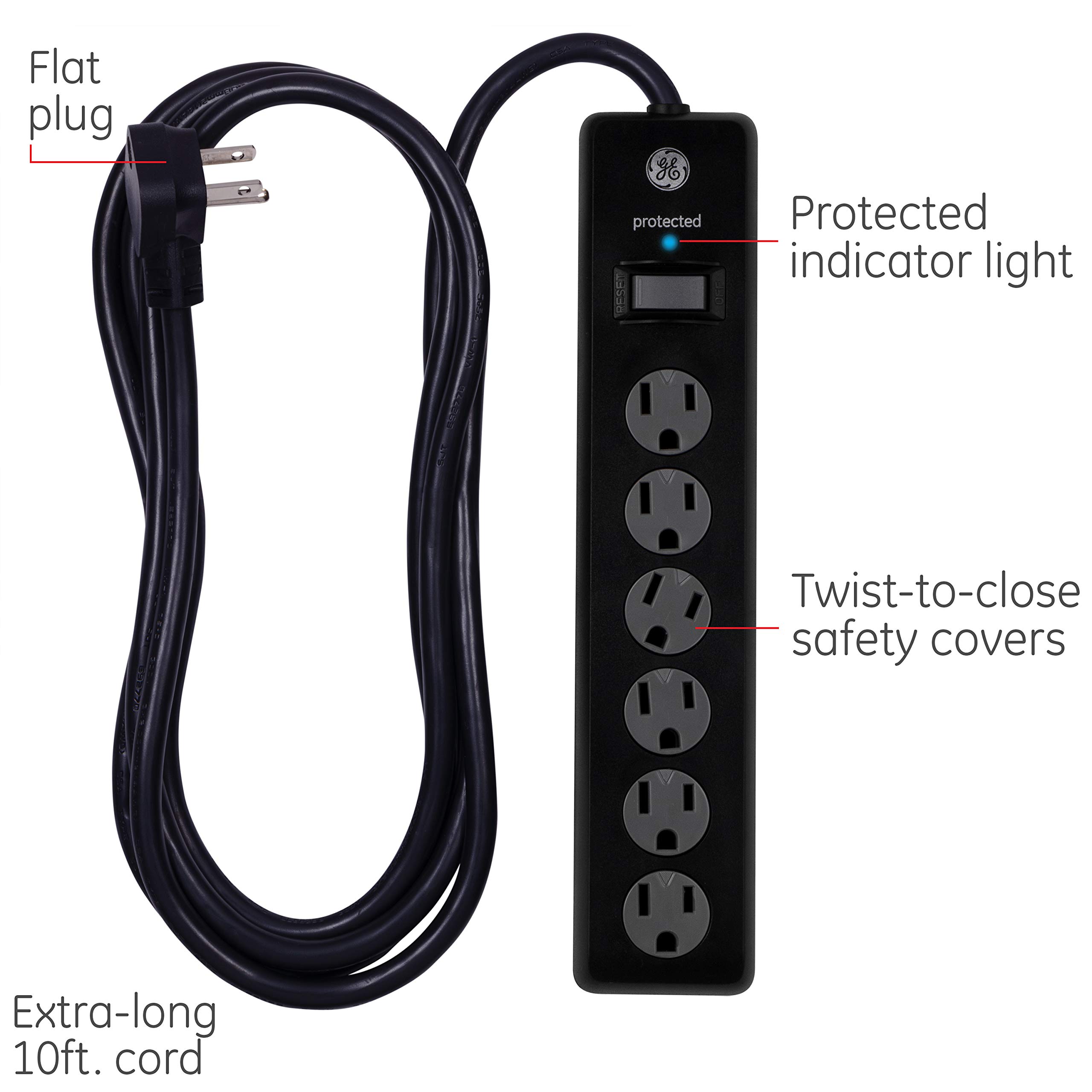 GE 6-Outlet Surge Protector, 10 Ft Extension Cord, Power Strip, 800 Joules, Twist-to-Close Safety Covers, Protected Indicator Light, ETL Listed, Black, 37442 - Image 2