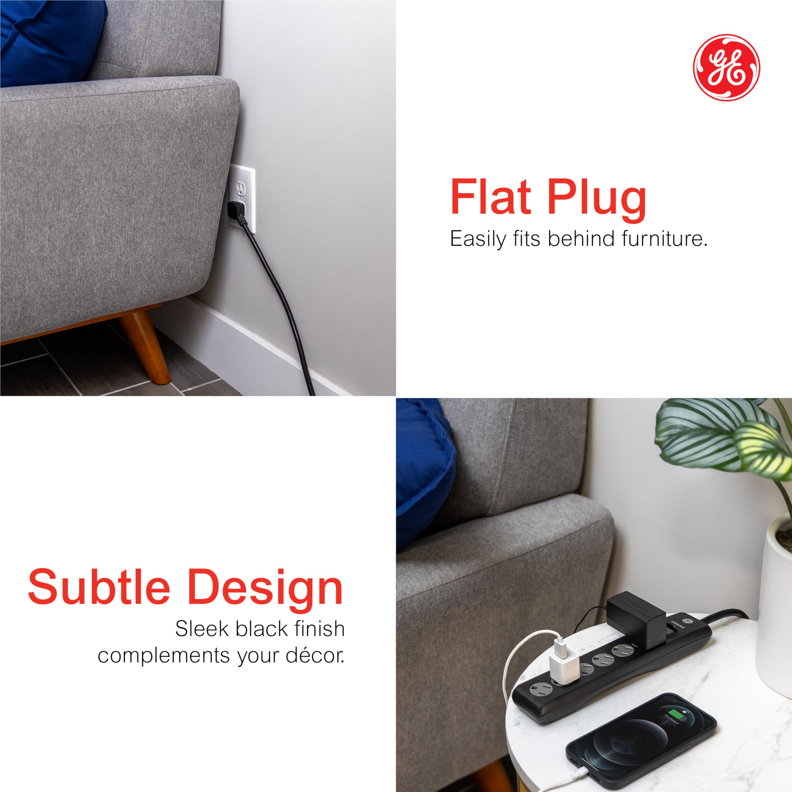 GE 6-Outlet Surge Protector, 10 Ft Extension Cord, Power Strip, 800 Joules, Twist-to-Close Safety Covers, Protected Indicator Light, ETL Listed, Black, 37442 - Image 4