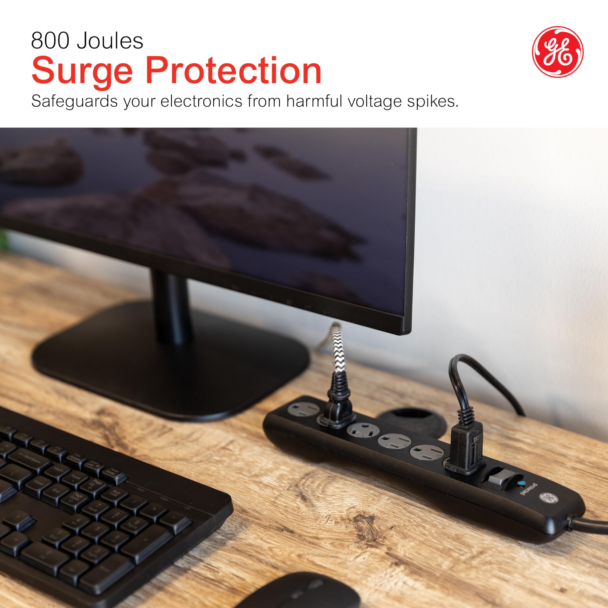 GE 6-Outlet Surge Protector, 10 Ft Extension Cord, Power Strip, 800 Joules, Twist-to-Close Safety Covers, Protected Indicator Light, ETL Listed, Black, 37442 - Image 7