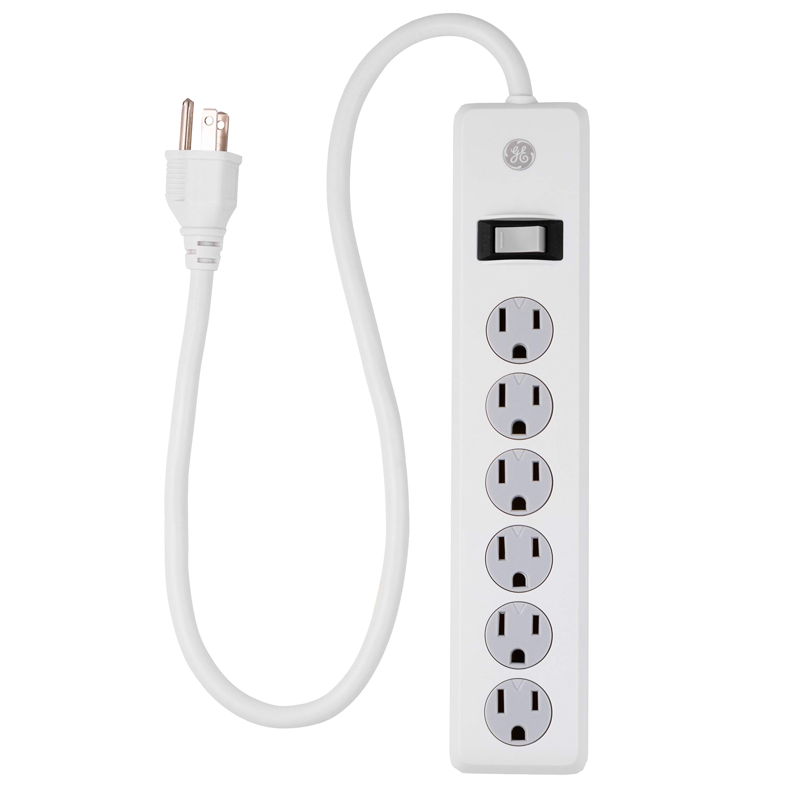 GE 6-Outlet Surge Protector, 2 Ft Extension Cord, Power Strip, 450 Joules, Heavy Duty Plug, Twist-to-Close Safety Covers, UL Listed, Black, 14009