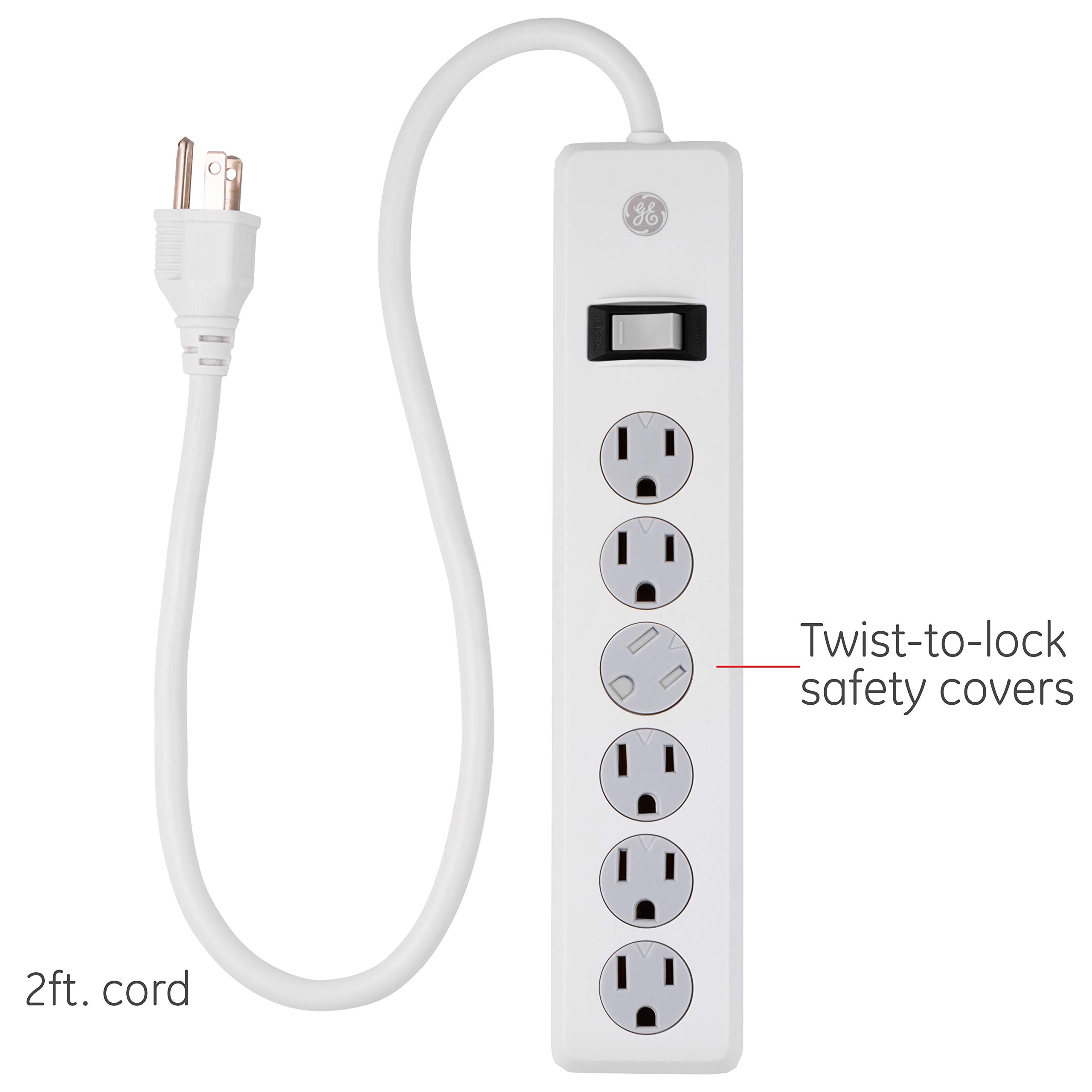 GE 6-Outlet Surge Protector, 2 Ft Extension Cord, Power Strip, 450 Joules, Heavy Duty Plug, Twist-to-Close Safety Covers, UL Listed, Black, 14009 - Image 2