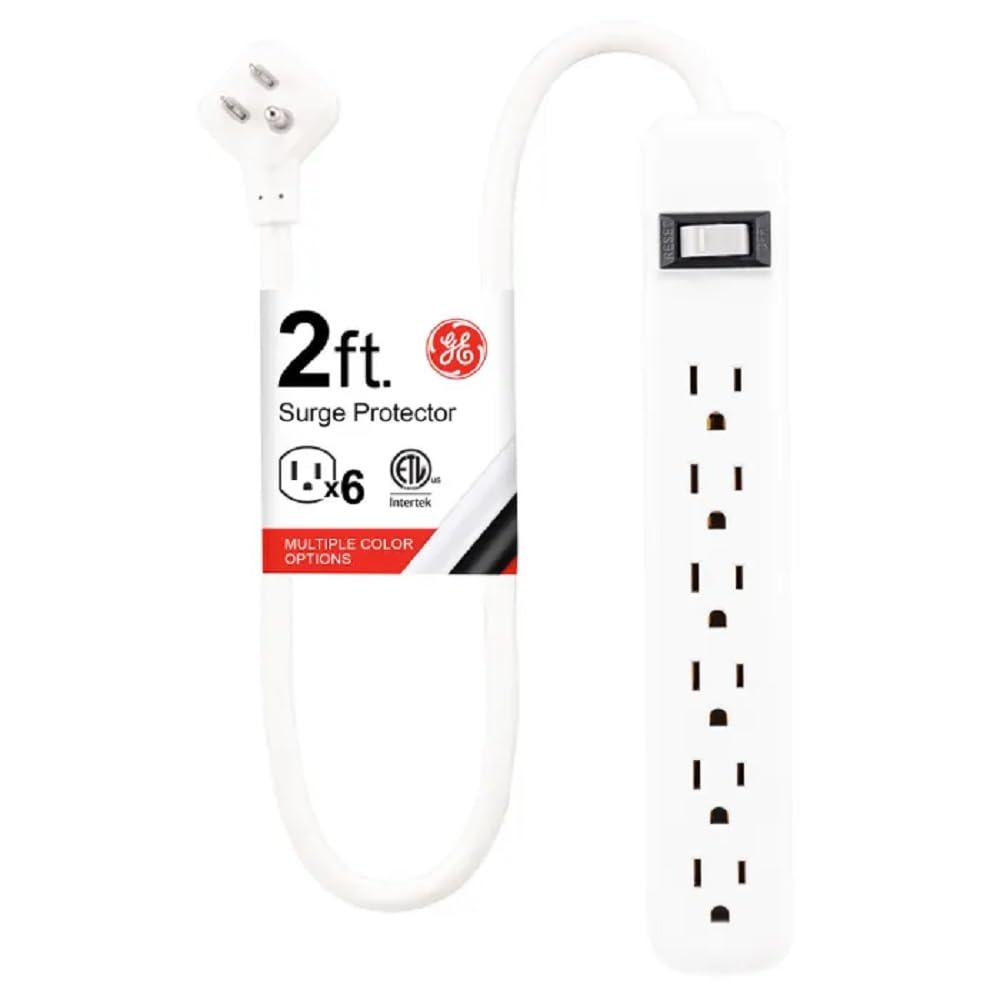 GE 6-Outlet Surge Protector, 2 Ft Extension Cord, Power Strip, 450 Joules, Twist-to-Close Safety Covers, UL Listed, White, 33656