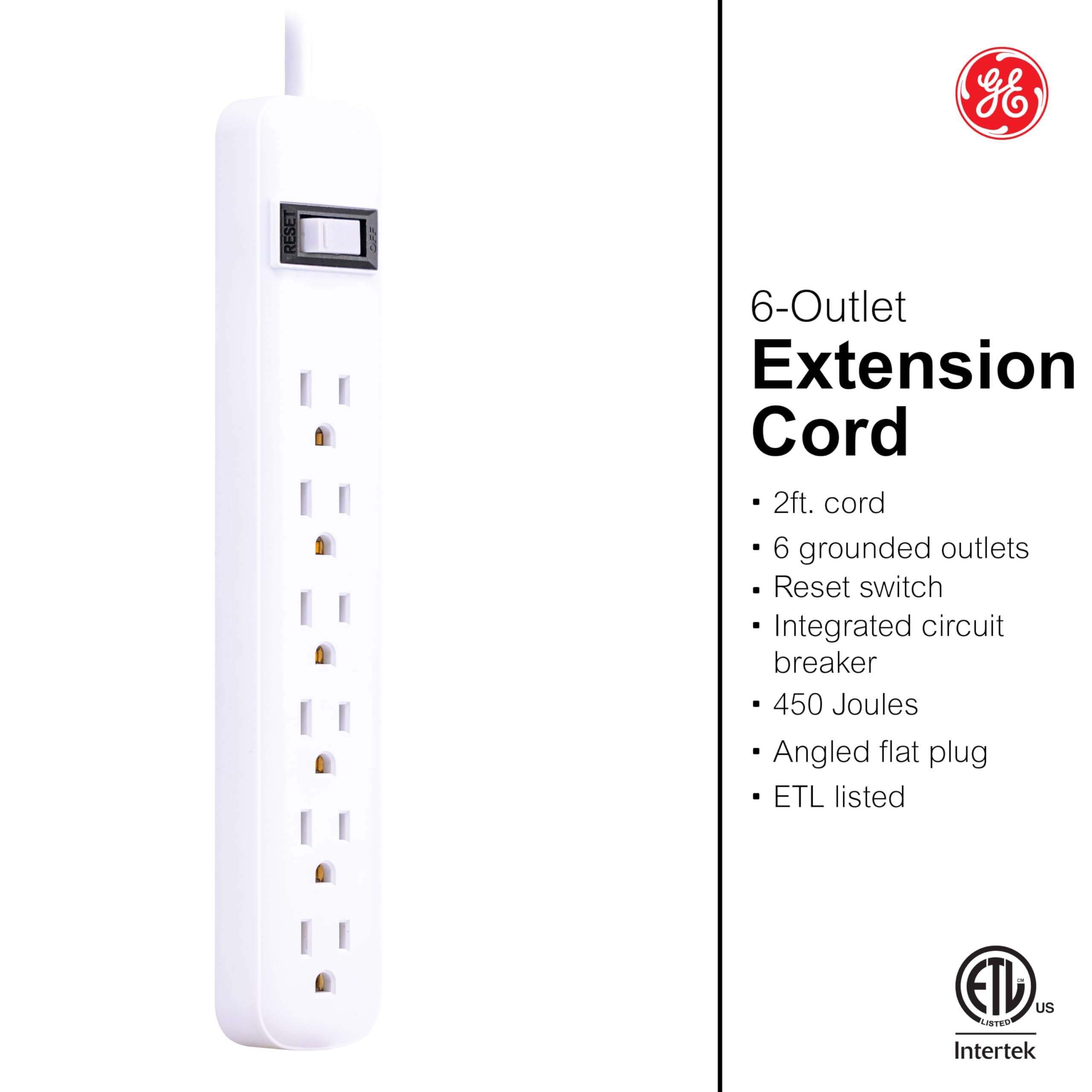 GE 6-Outlet Surge Protector, 2 Ft Extension Cord, Power Strip, 450 Joules, Twist-to-Close Safety Covers, UL Listed, White, 33656 - Image 3