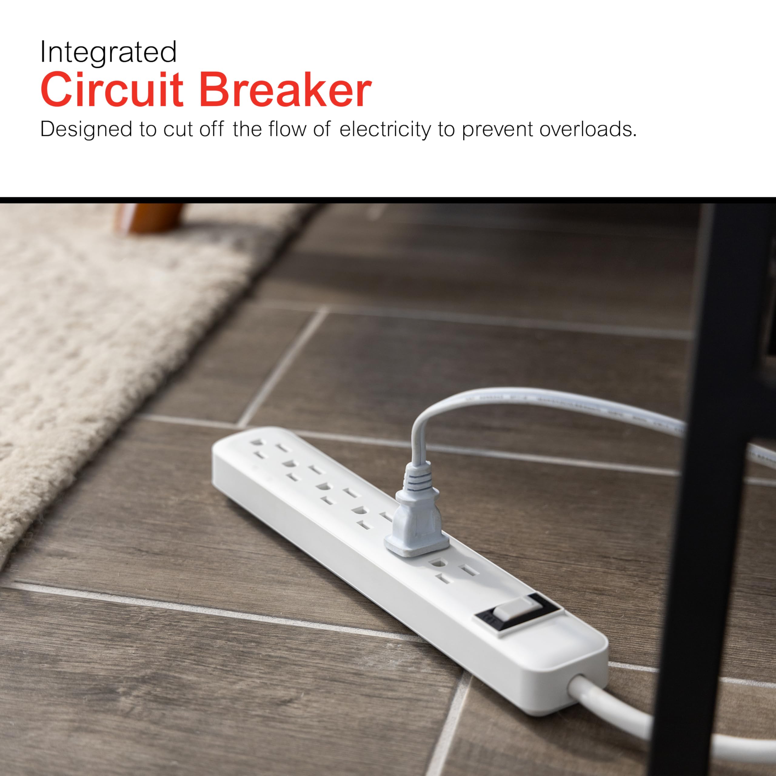 GE 6-Outlet Surge Protector, 2 Ft Extension Cord, Power Strip, 450 Joules, Twist-to-Close Safety Covers, UL Listed, White, 33656 - Image 6