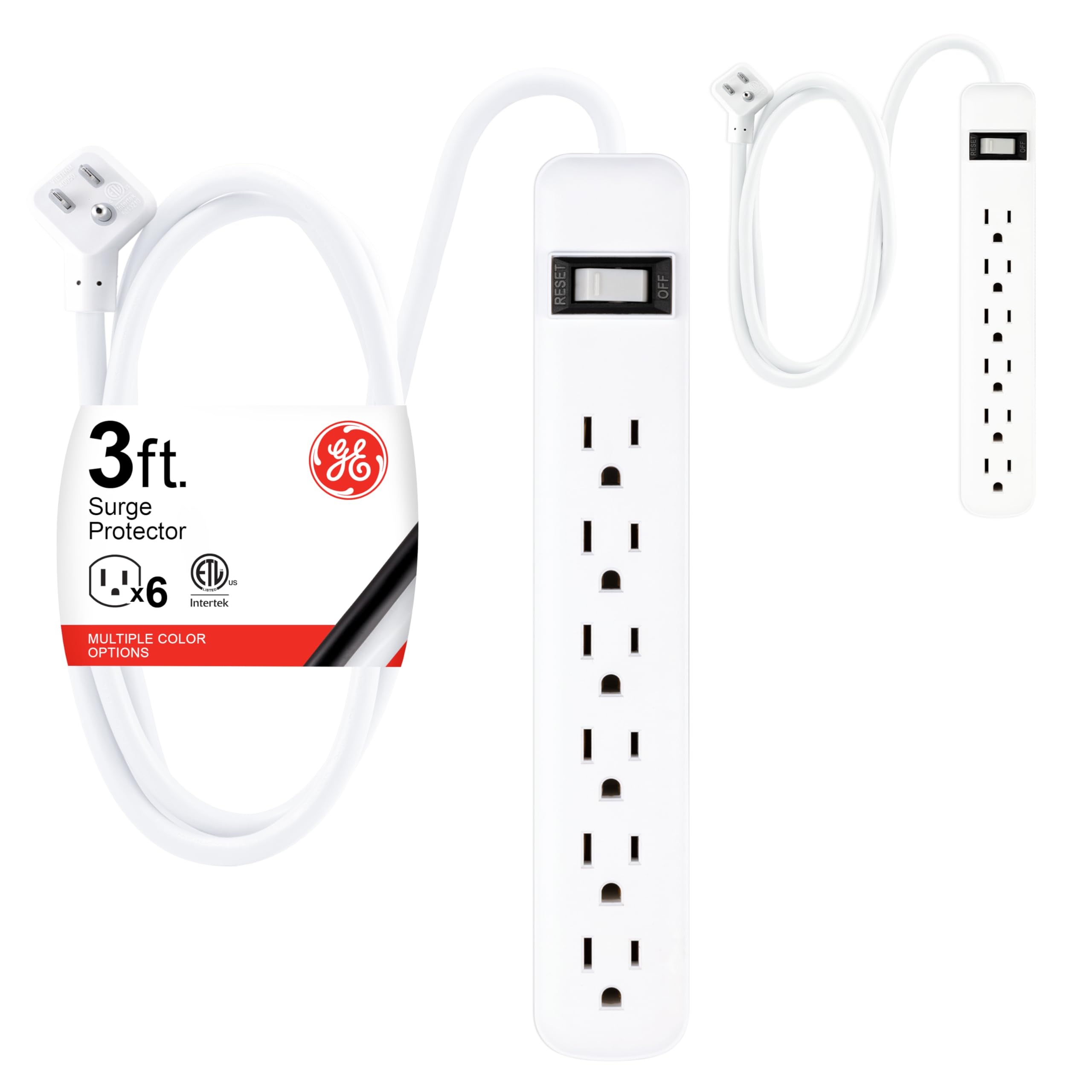 GE 6-Outlet Surge Protector 2 Pack, 3 Ft Extension Cord, Power Strip, 450 Joules, On/Off Switch, Integrated Circuit Breaker, Heavy Duty, Warranty, UL Listed, White, 14709
