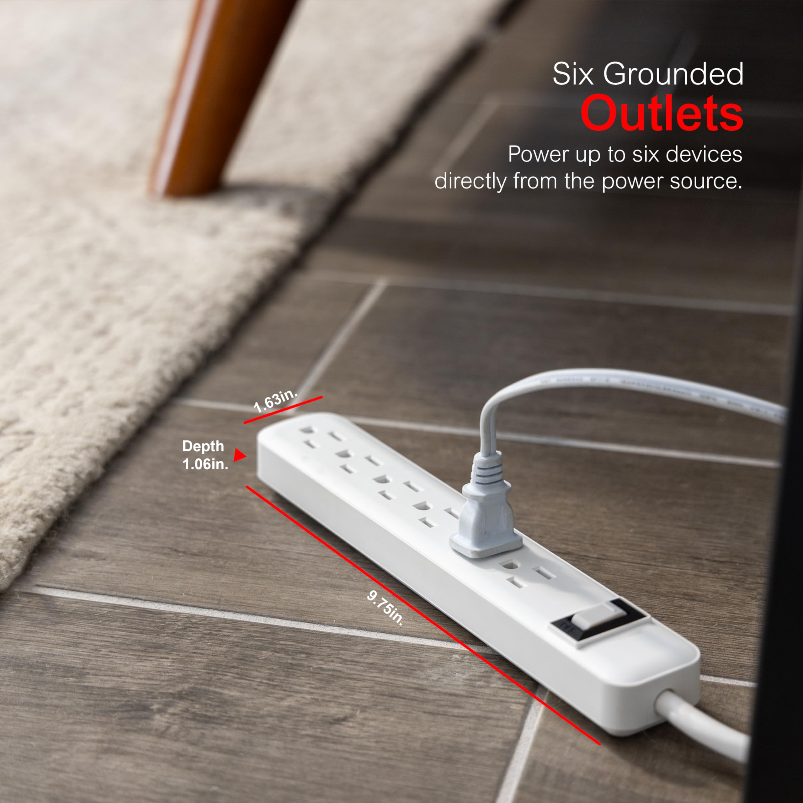 GE 6-Outlet Surge Protector 2 Pack, 3 Ft Extension Cord, Power Strip, 450 Joules, On/Off Switch, Integrated Circuit Breaker, Heavy Duty, Warranty, UL Listed, White, 14709 - Image 2