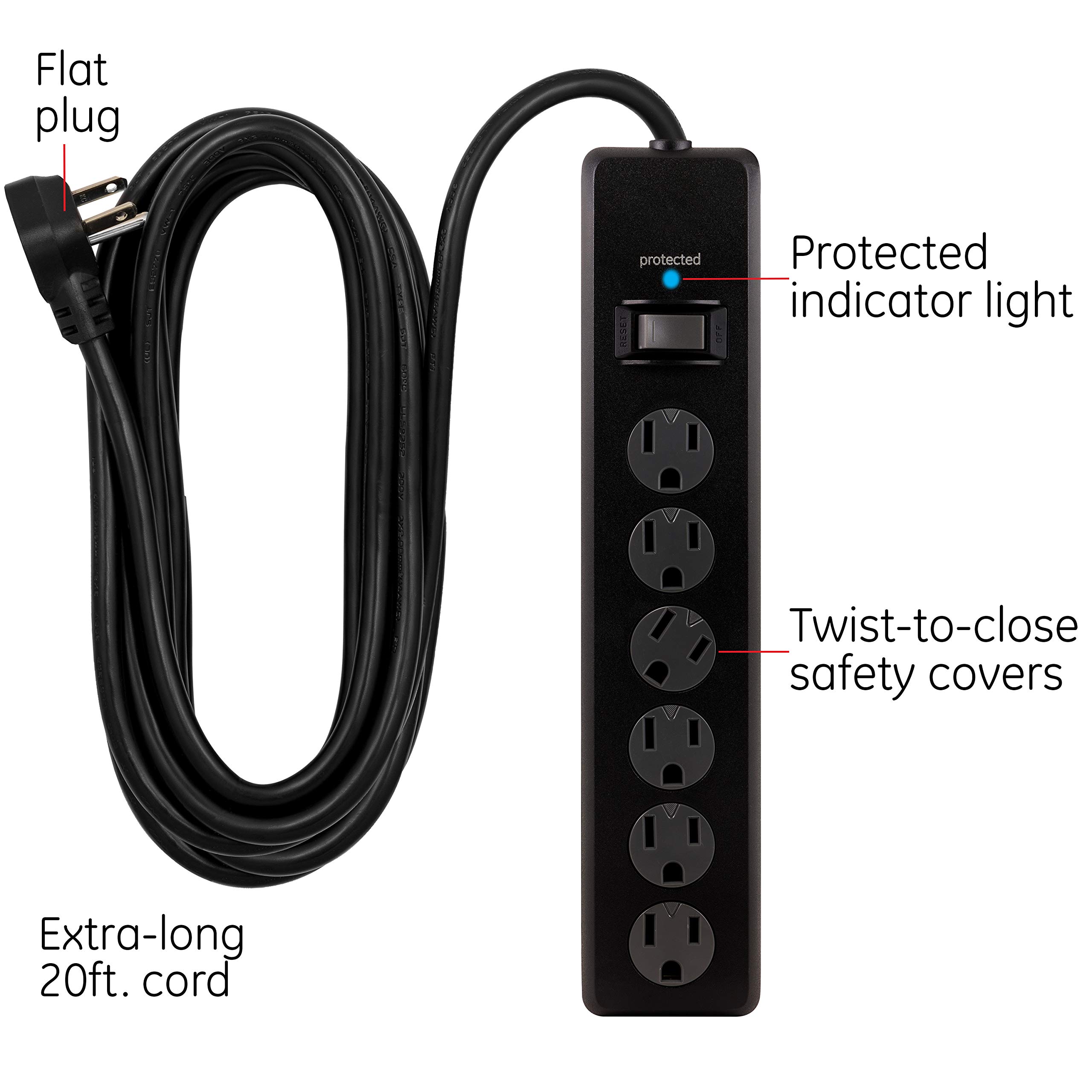 GE 6-Outlet Surge Protector, 20 Ft Extension Cord, Power Strip, 800 Joules, Flat Plug, Twist-to-Close Safety Covers, Protected Indicator Light, UL Listed, Black, 50769 - Image 2