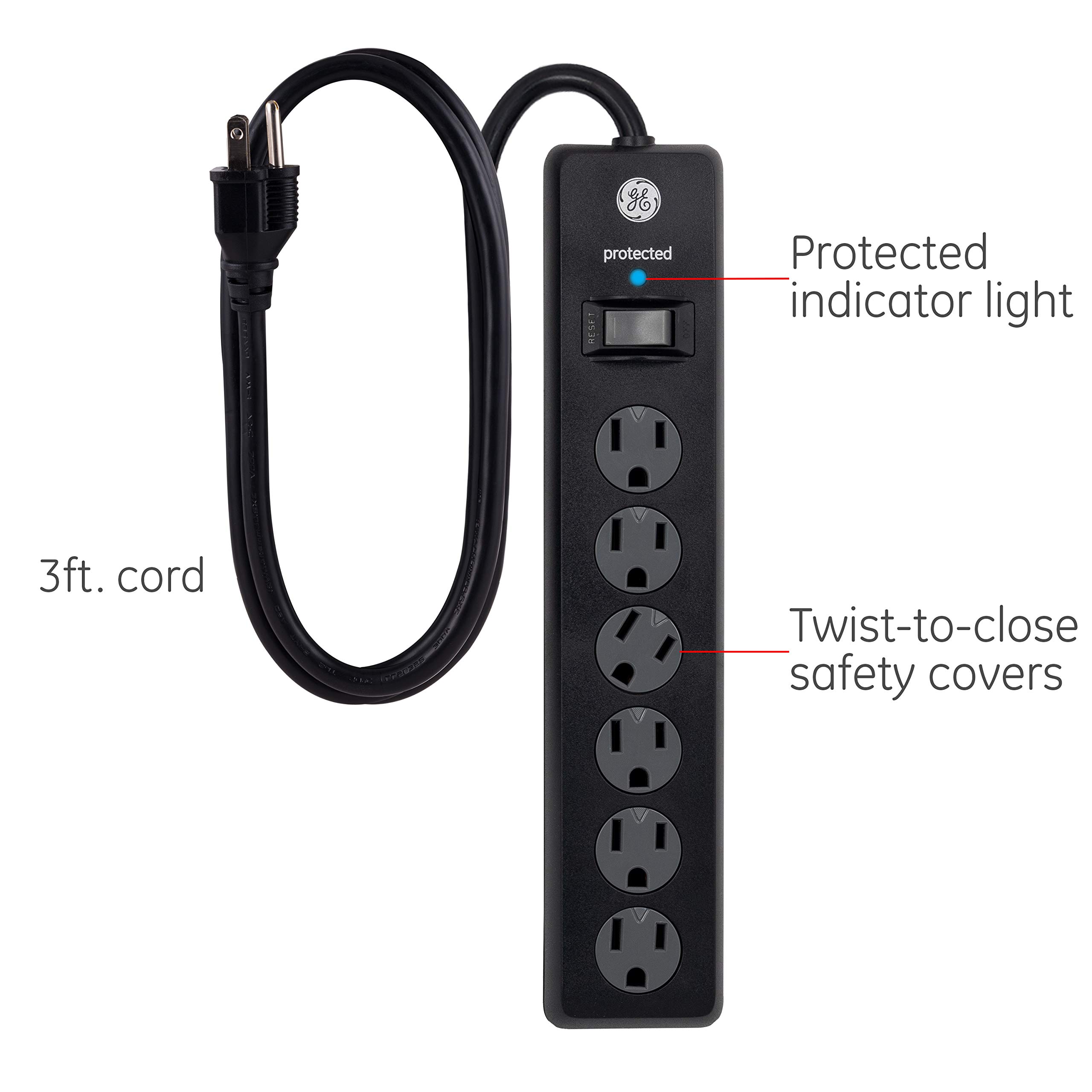 GE 6-Outlet Surge Protector, 3 Ft Extension Cord, Power Strip, 800 Joules, Heavy Duty Plug, Twist-to-Close Safety Covers, Protected Indicator Light, UL Listed, Black, 47224 - Image 2