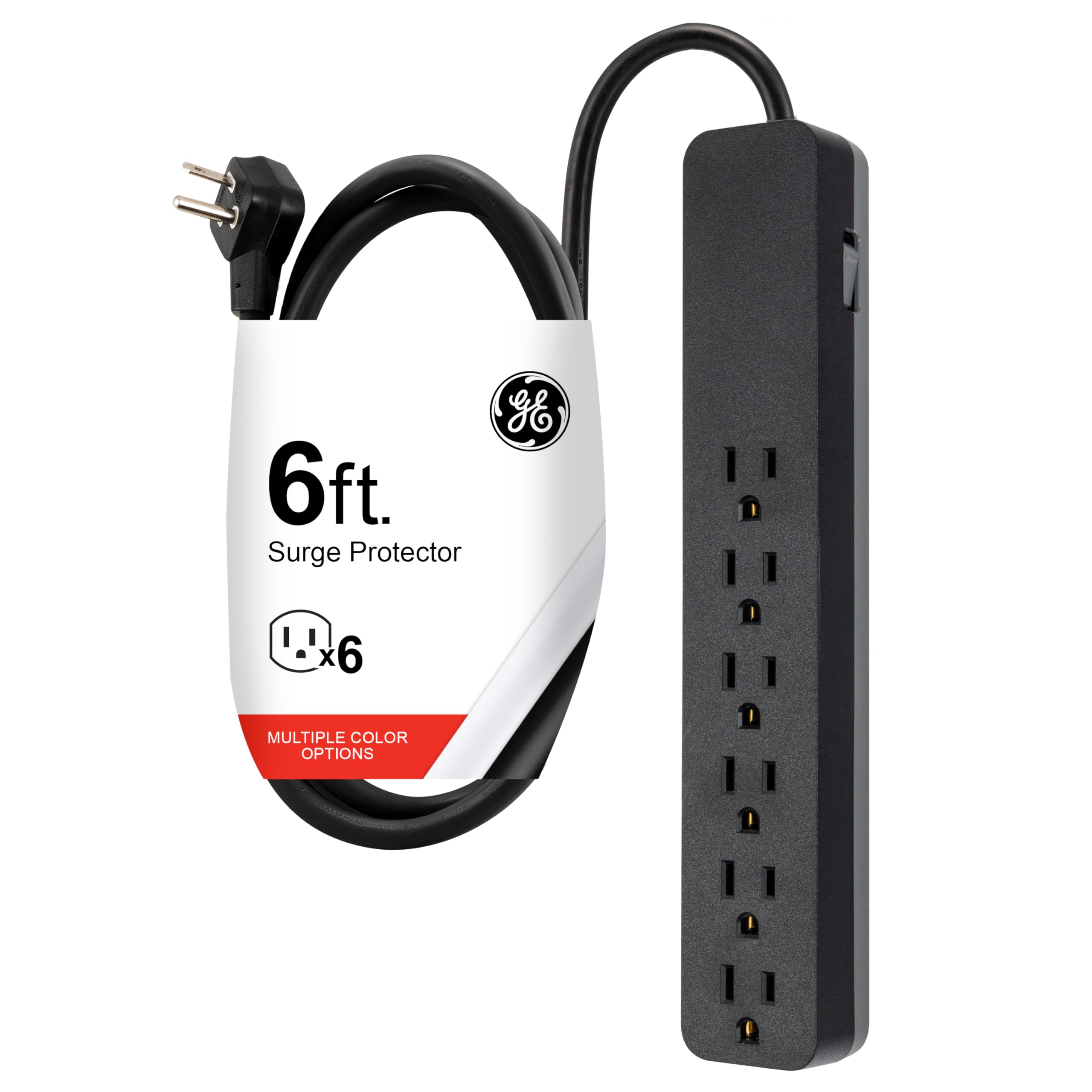GE 6-Outlet Surge Protector, 6 Ft Extension Cord, 1080 Joules, Power Strip, Flat Plug, Integrated Circuit Breaker, Wall Mount, ETL Listed, Black, 37211
