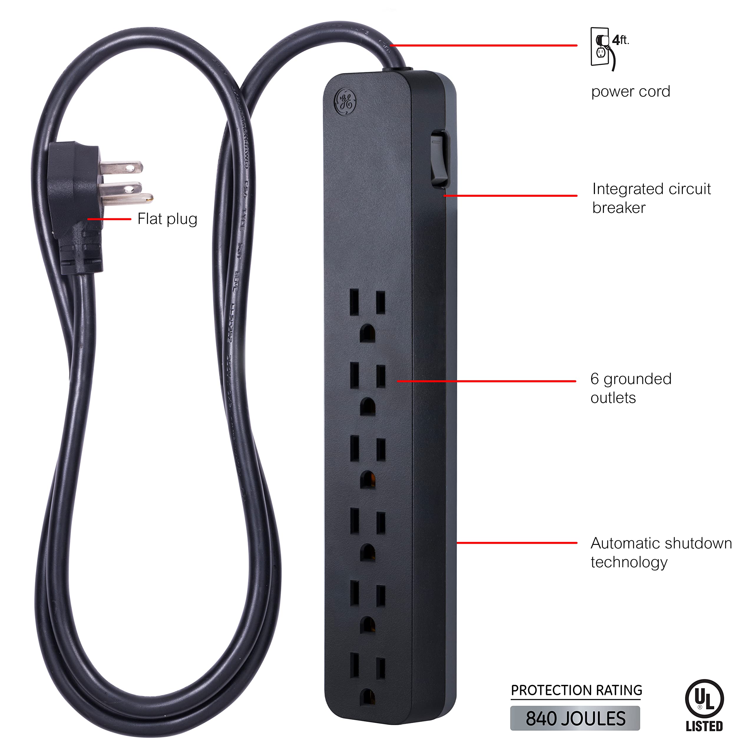 GE 6-Outlet Surge Protector, 6 Ft Extension Cord, 1080 Joules, Power Strip, Flat Plug, Integrated Circuit Breaker, Wall Mount, ETL Listed, Black, 37211 - Image 2