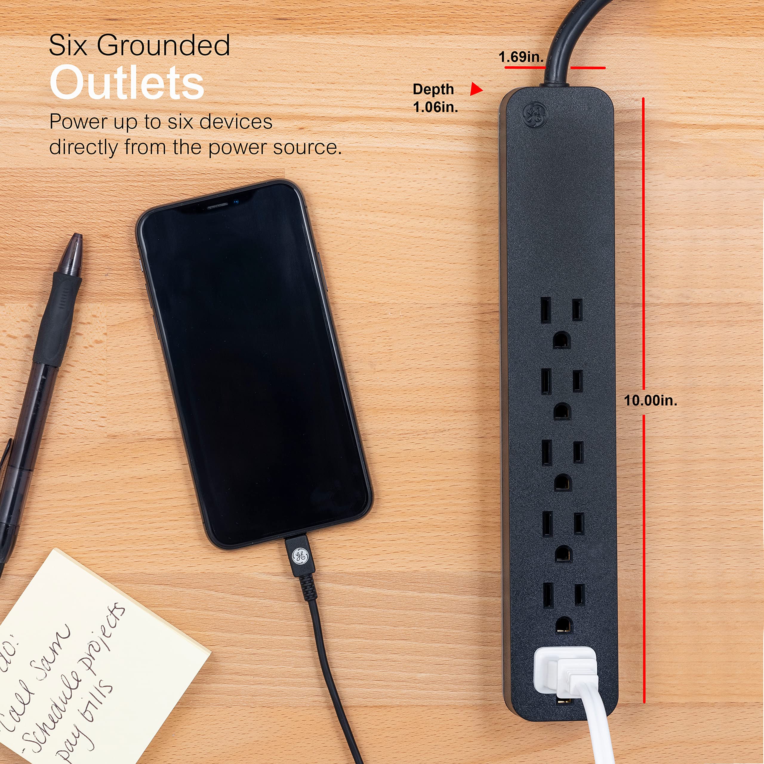 GE 6-Outlet Surge Protector, 6 Ft Extension Cord, 1080 Joules, Power Strip, Flat Plug, Integrated Circuit Breaker, Wall Mount, ETL Listed, Black, 37211 - Image 3