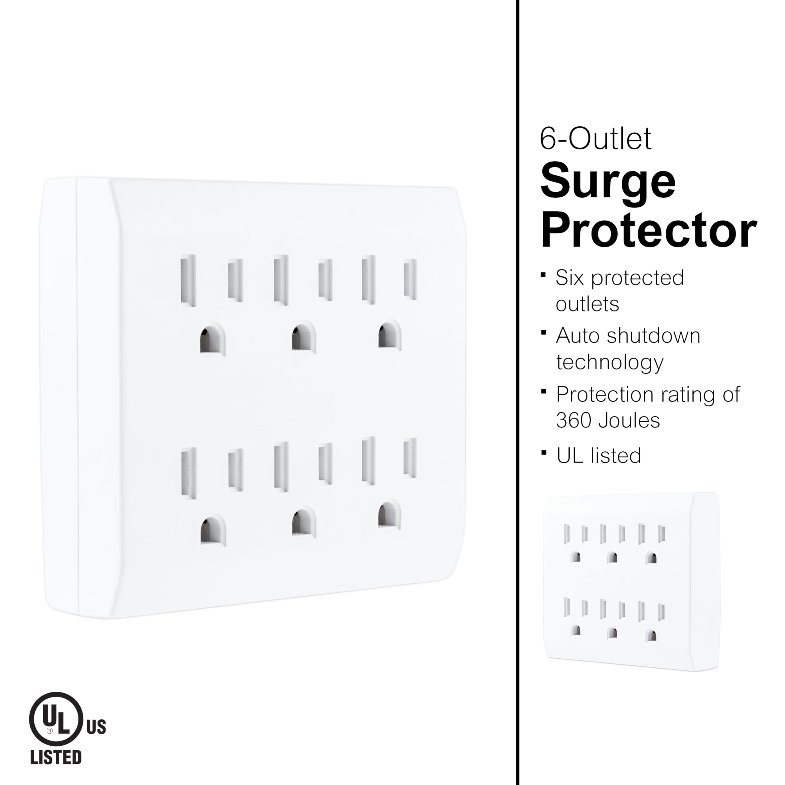 GE 6-Outlet Surge Protector Wall Tap, 440 Joule Rating, Outlet Adapter, Automatic Shutdown Technology, Great Surge Protector for Holiday Lighting, Decorations, 3 Prong Outlet, White, 37155 - Image 3