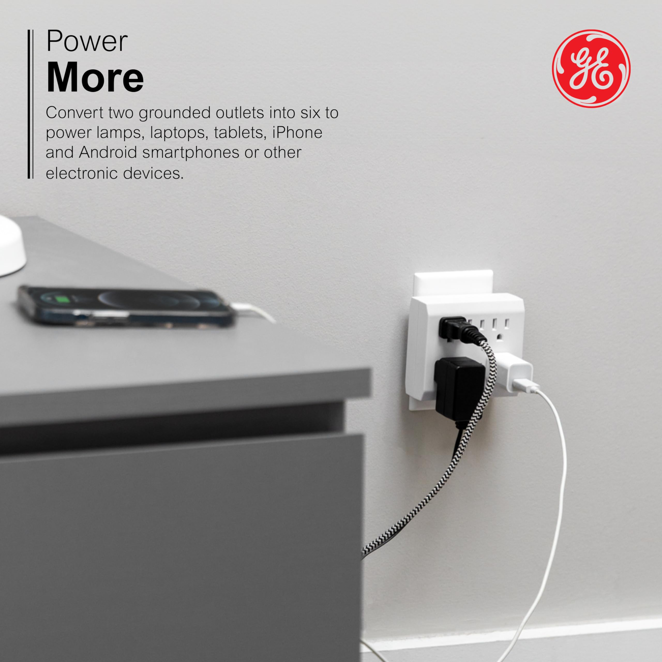 GE 6-Outlet Surge Protector Wall Tap, 440 Joule Rating, Outlet Adapter, Automatic Shutdown Technology, Great Surge Protector for Holiday Lighting, Decorations, 3 Prong Outlet, White, 37155 - Image 5