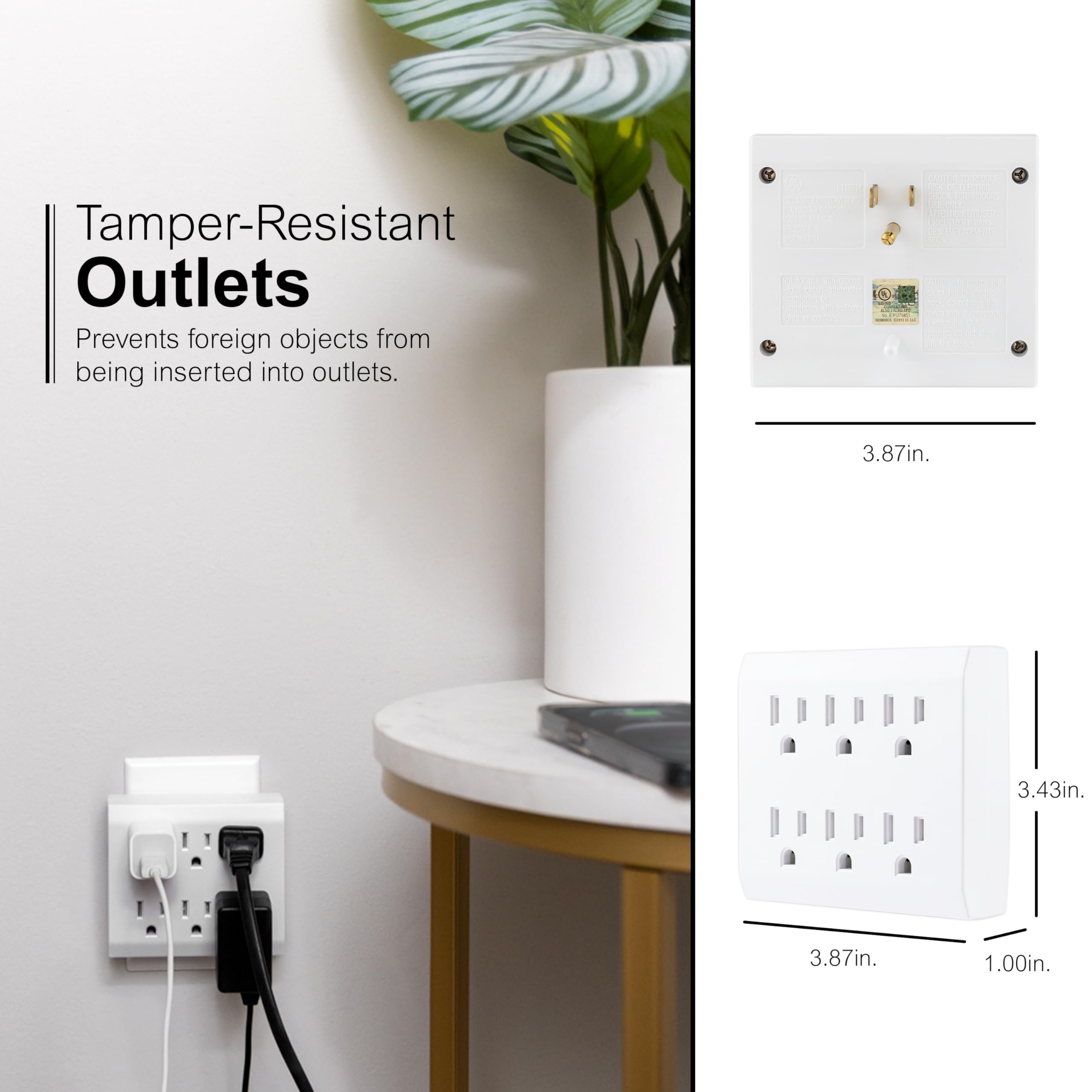 GE 6-Outlet Surge Protector Wall Tap, 440 Joule Rating, Outlet Adapter, Automatic Shutdown Technology, Great Surge Protector for Holiday Lighting, Decorations, 3 Prong Outlet, White, 37155 - Image 7