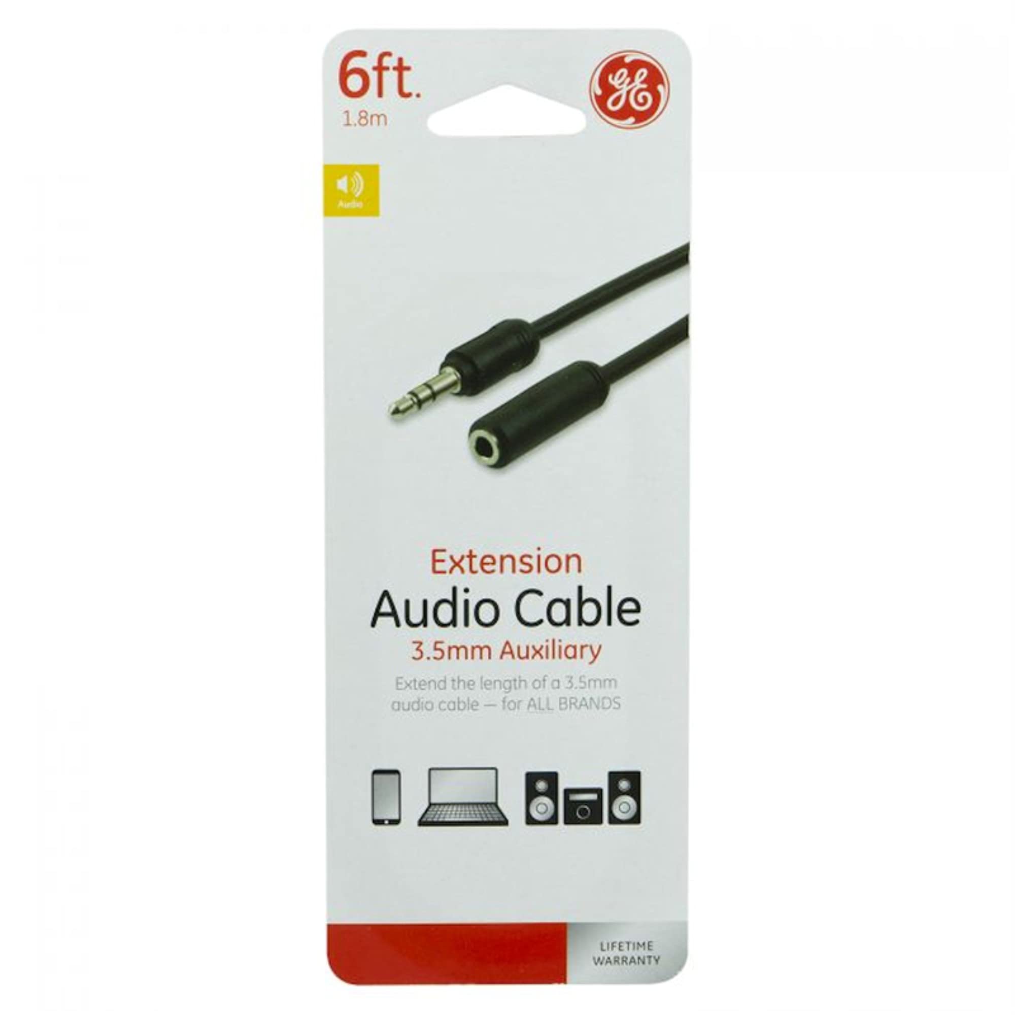 GE 6ft. 3.5mm Audio Cable Extension, Male-to-Female AUX Cord, Dual Shielded€¯To Reduce Signal Loss, Great Aux Cable for Car, Smartphone, Tablet, Laptop, MP3 Player, Portable Speaker, Etc,€¯Black, 33570