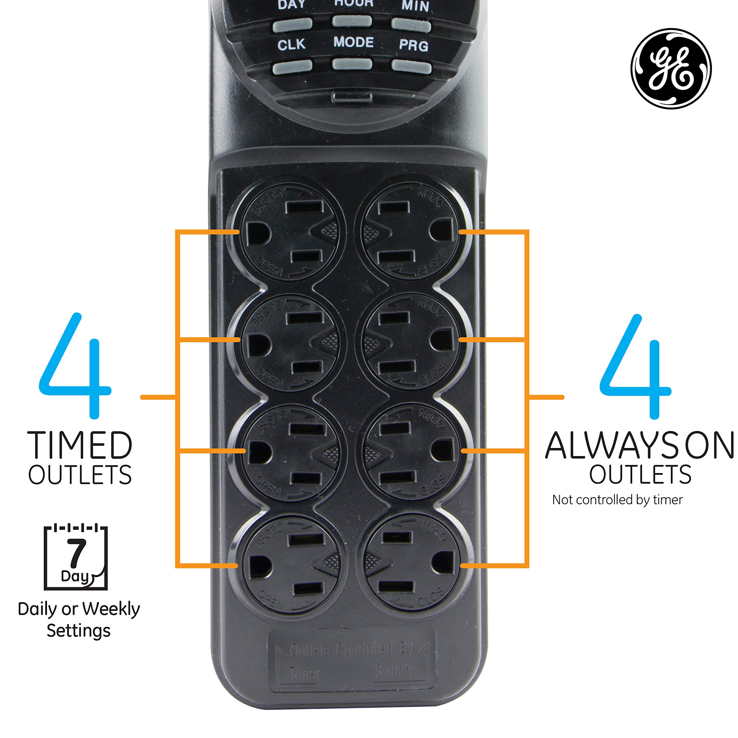 GE 7-Day Digital Power Strip with Timer, 15 AMP, 1800W, 120V, 8 Outlet Timer, 4 Timed / 4 Always On Extension Chord with Timer, Custom Indoor Light Timer, Daily/Weekly Power Strip Timer, Black, 15077 - Image 4